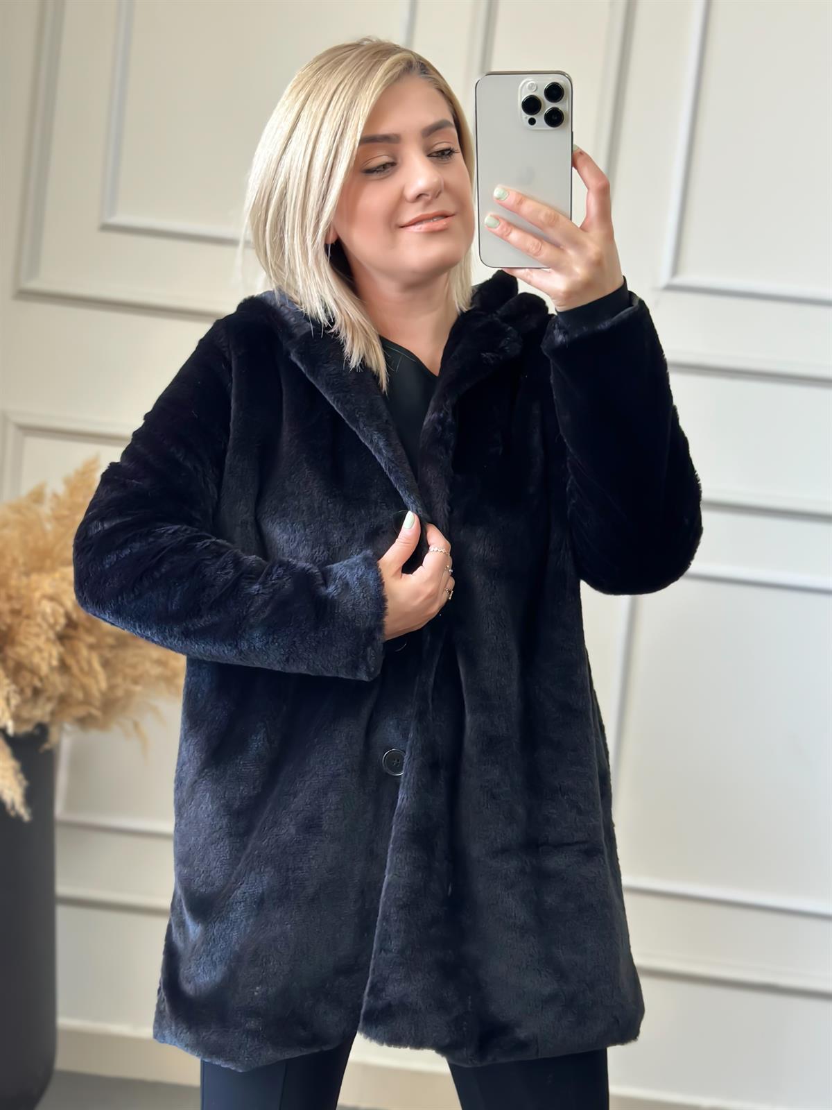 Kapşonlu Uzun Peluş Kürk SİYAH