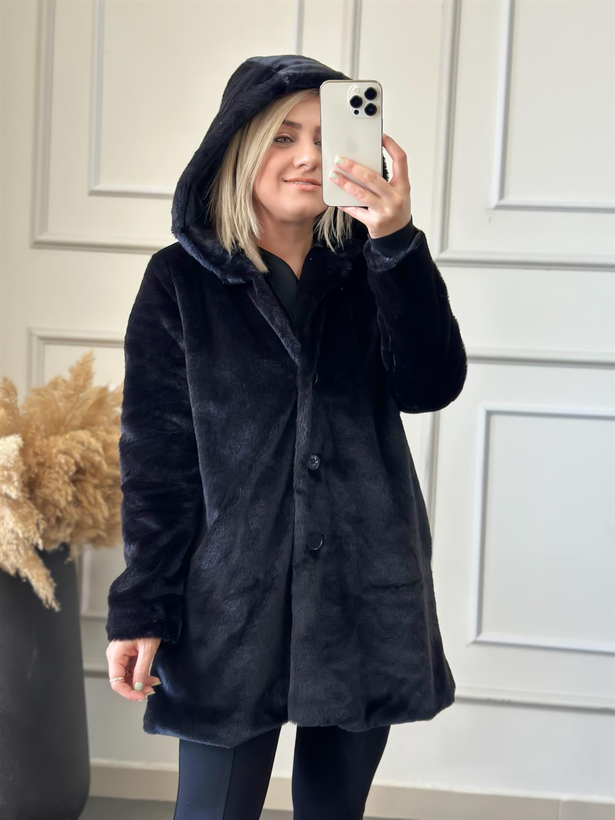 Kapşonlu Uzun Peluş Kürk SİYAH