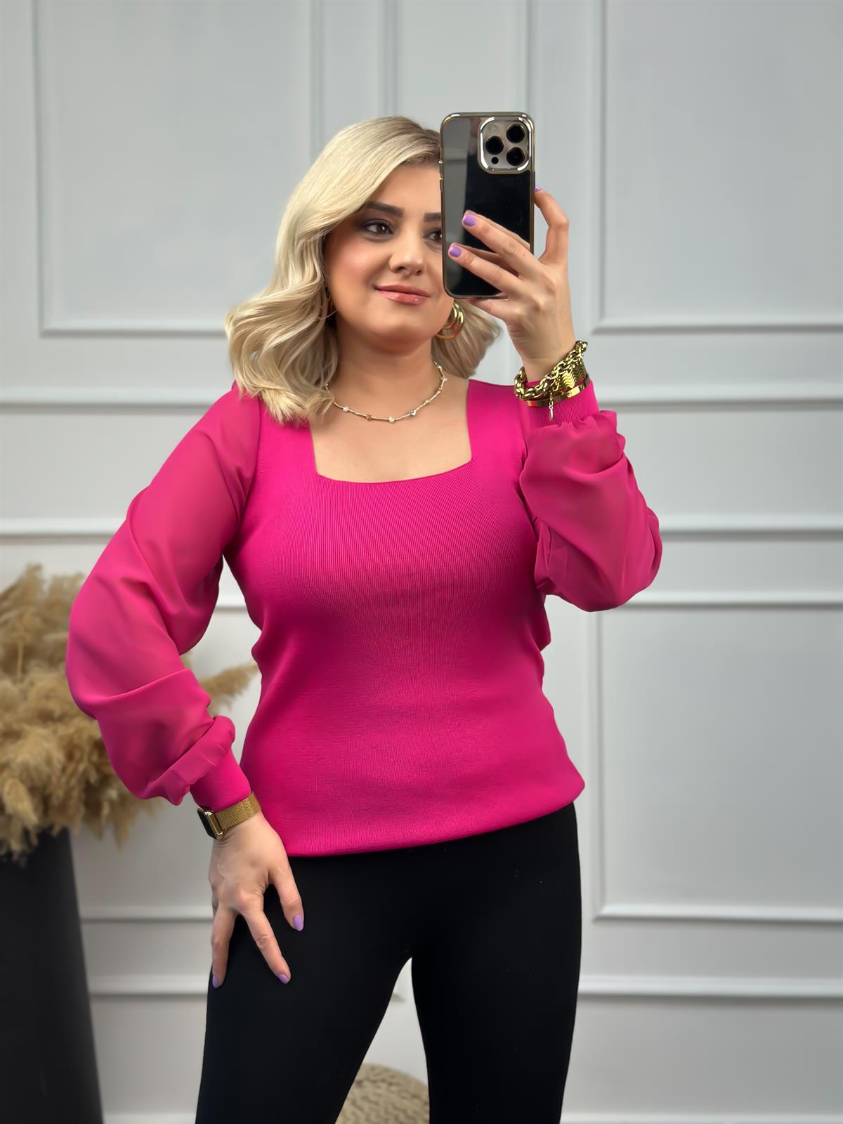 Kare Yaka Kolları Tül Triko FUŞYA