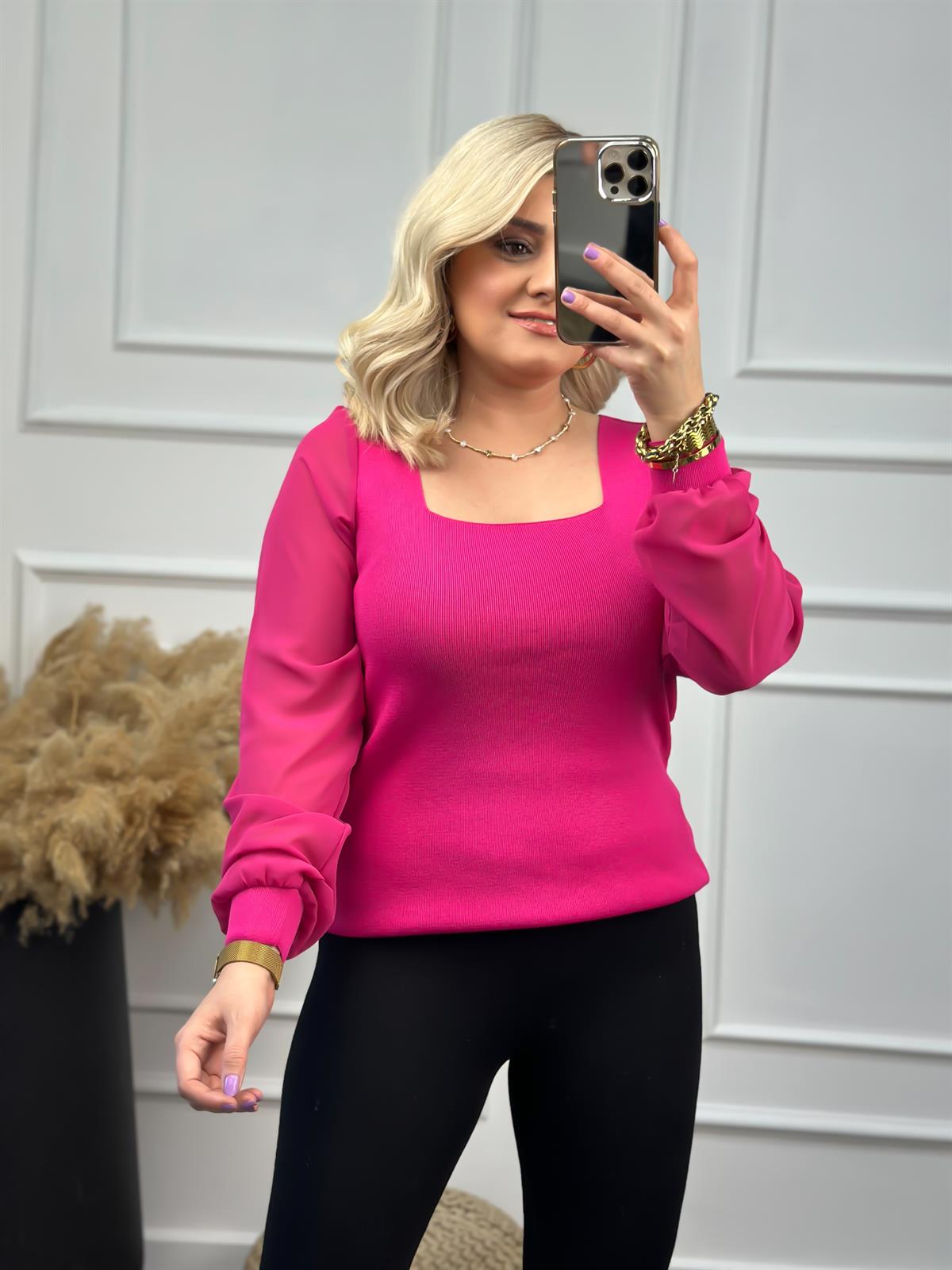 Kare Yaka Kolları Tül Triko FUŞYA
