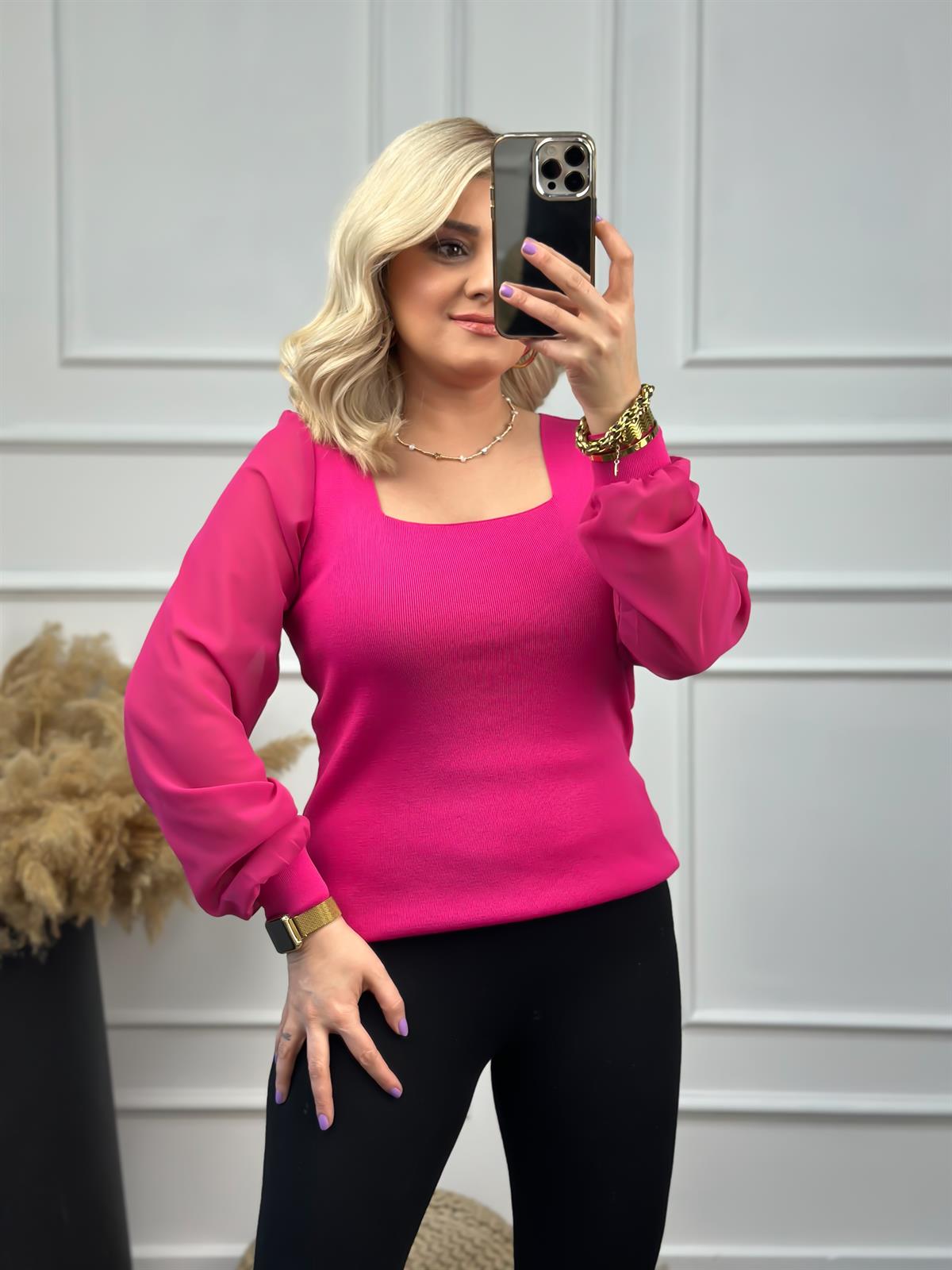 Kare Yaka Kolları Tül Triko FUŞYA