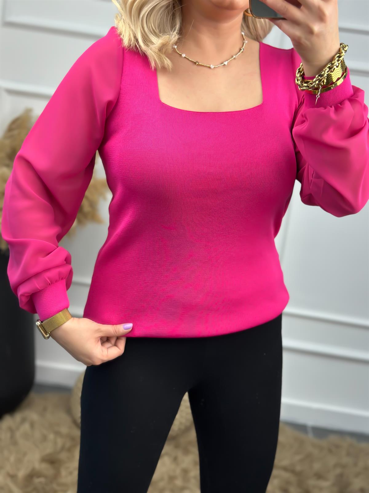 Kare Yaka Kolları Tül Triko FUŞYA