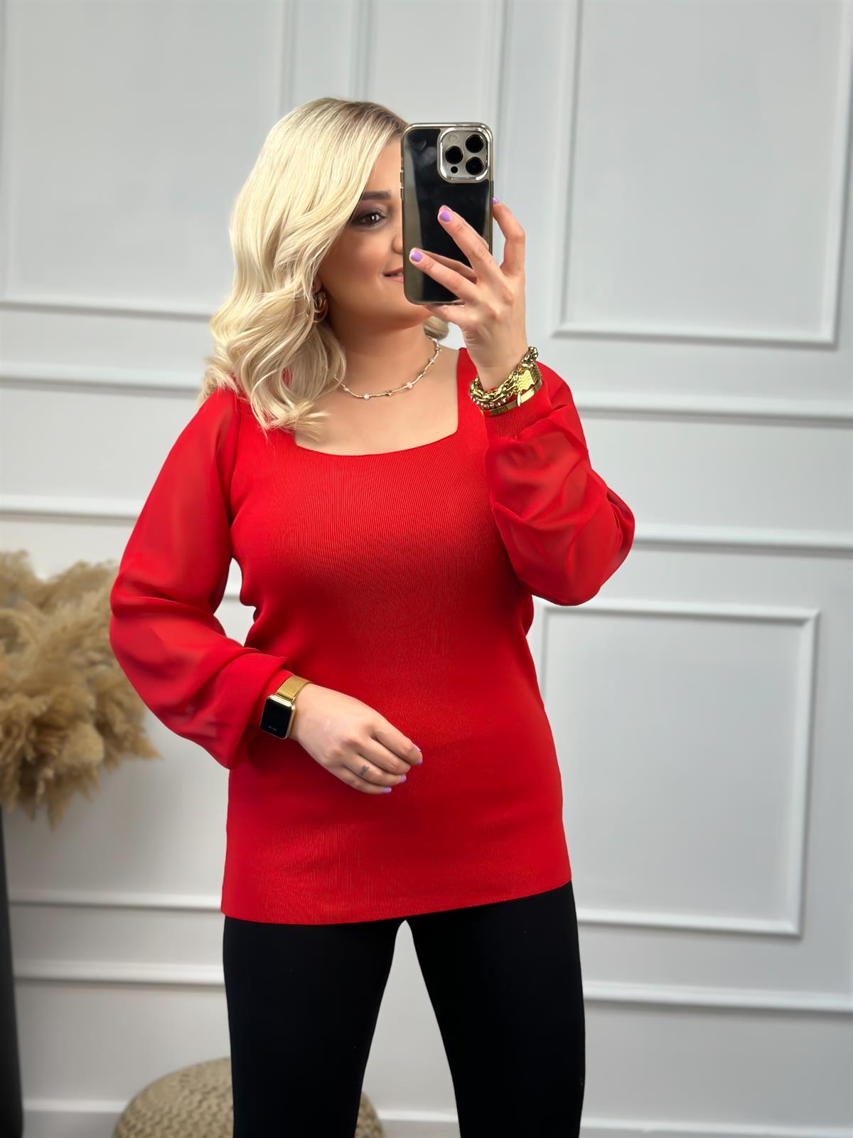 Kare Yaka Kolları Tül Triko KIRMIZI