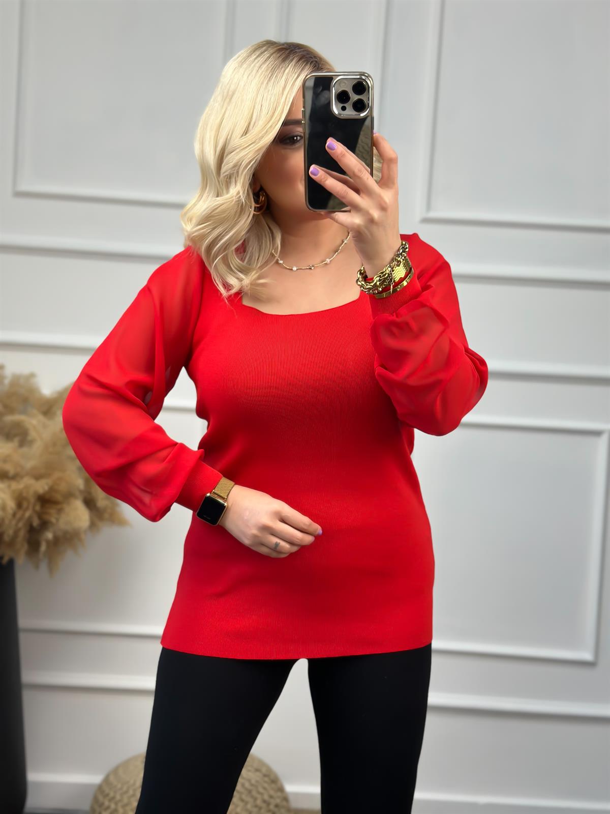 Kare Yaka Kolları Tül Triko KIRMIZI