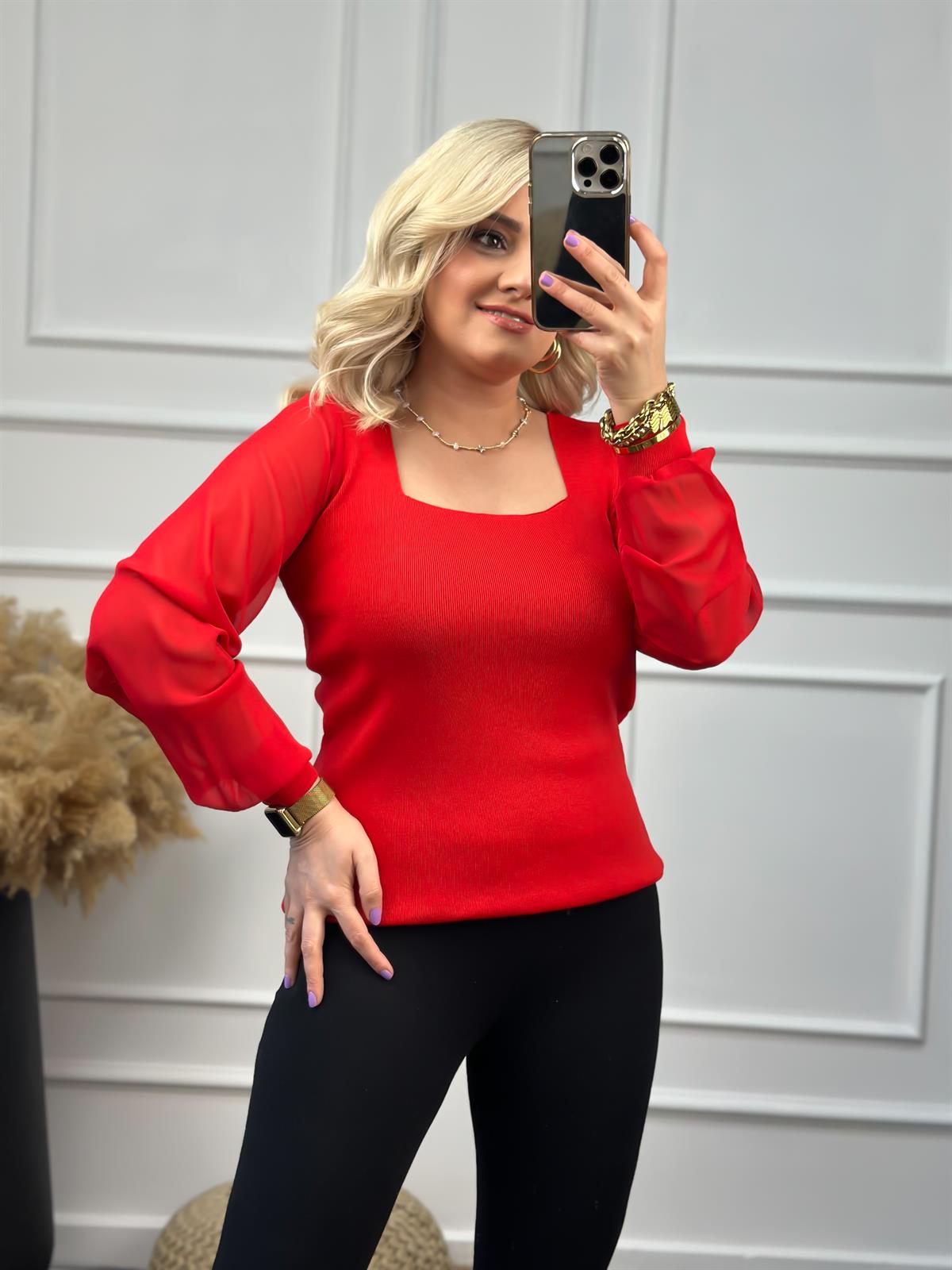 Kare Yaka Kolları Tül Triko KIRMIZI