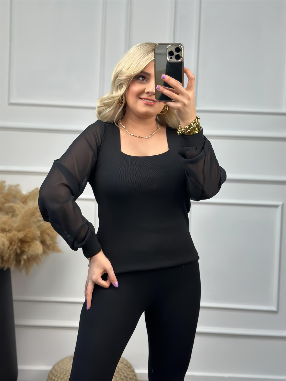 Kare Yaka Kolları Tül Triko SİYAH