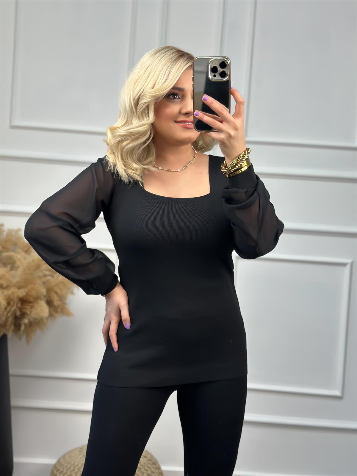 Kare Yaka Kolları Tül Triko SİYAH