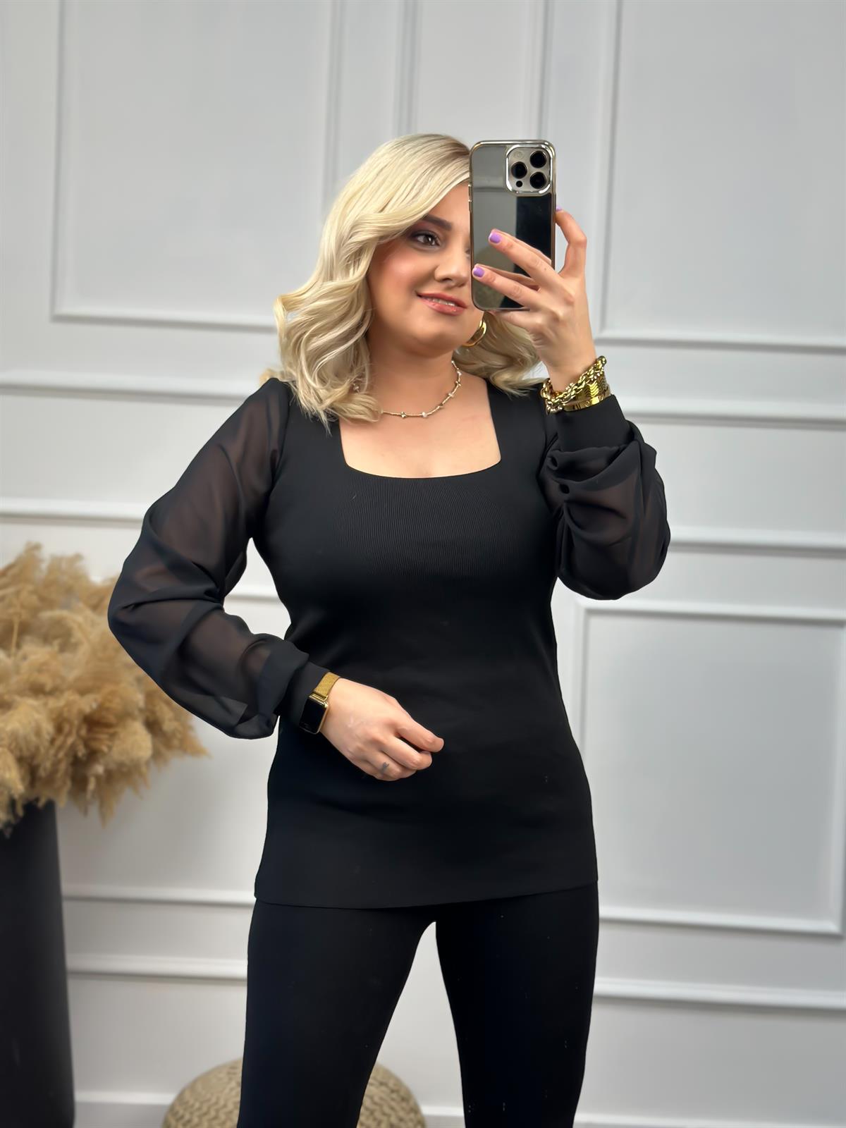 Kare Yaka Kolları Tül Triko SİYAH