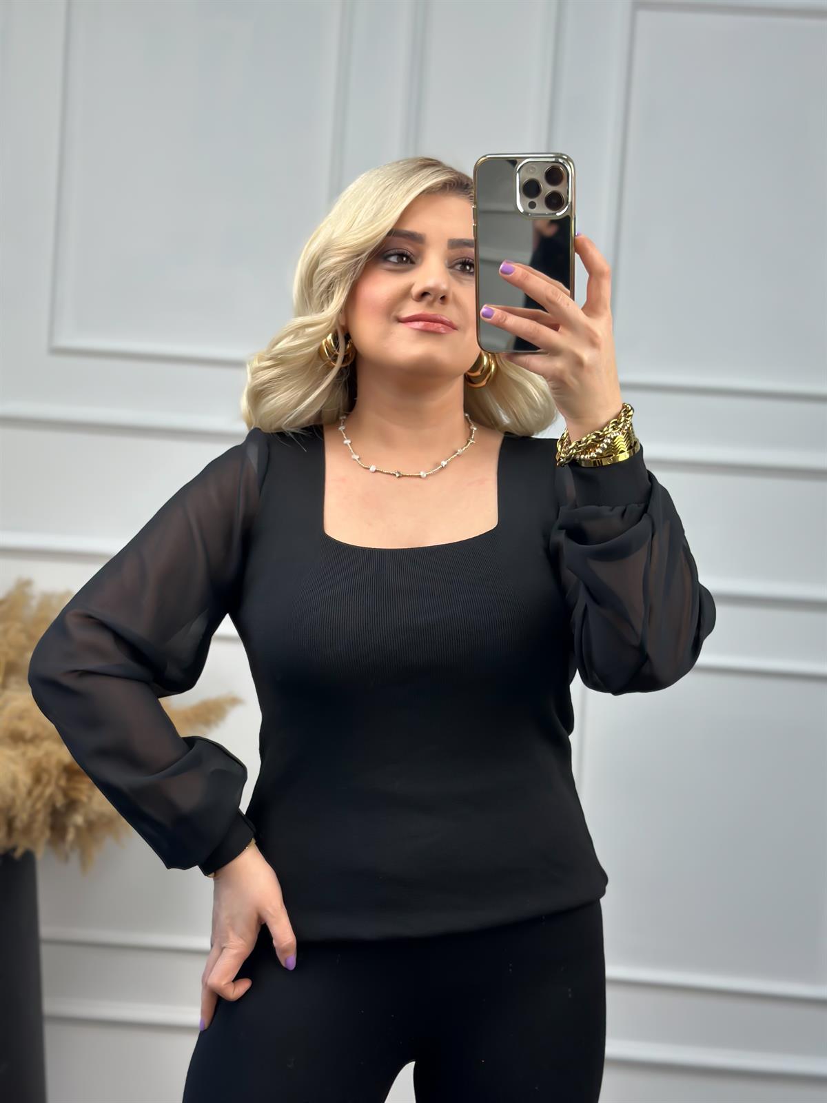 Kare Yaka Kolları Tül Triko SİYAH