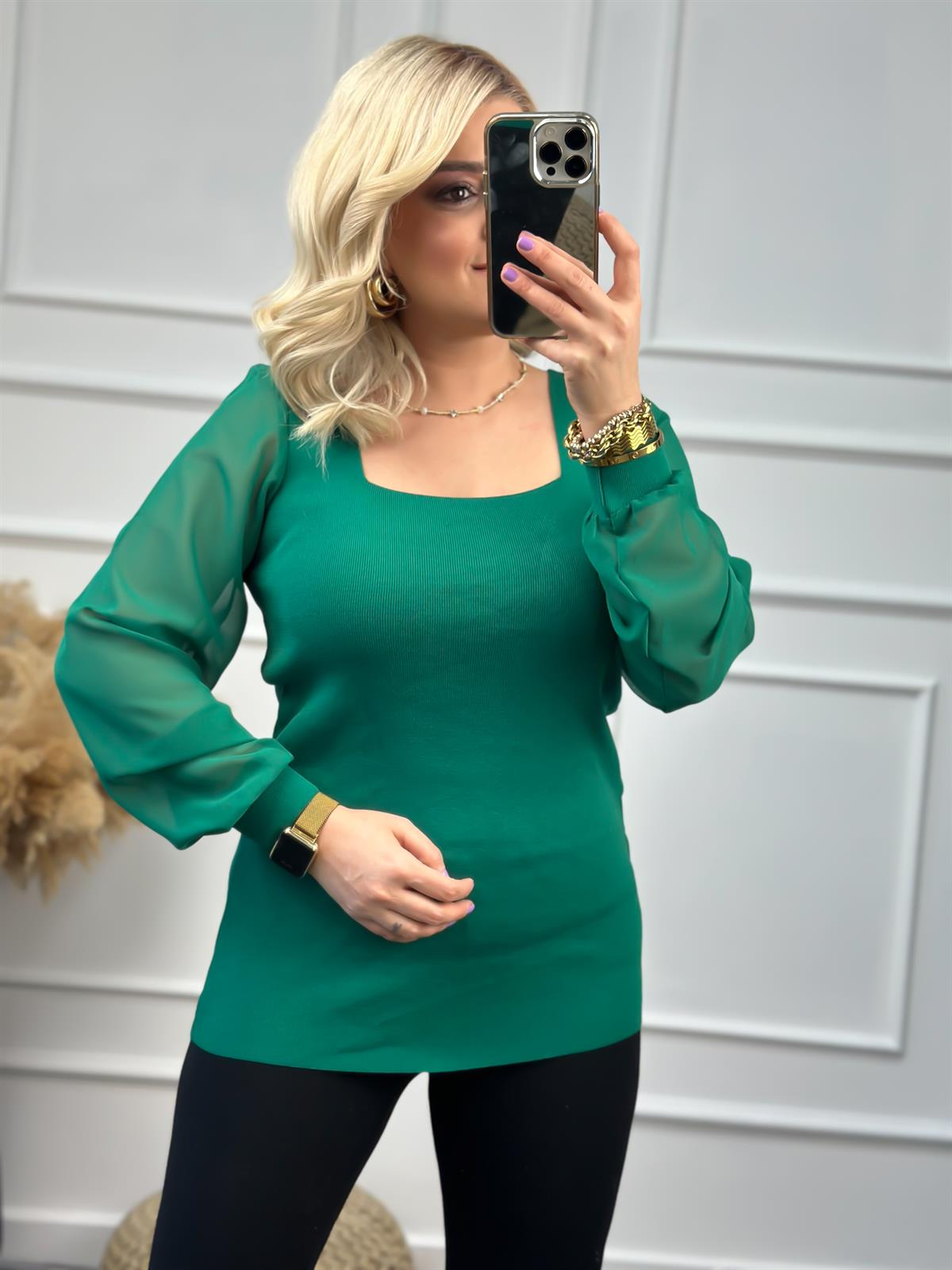 Kare Yaka Kolları Tül Triko YEŞİL