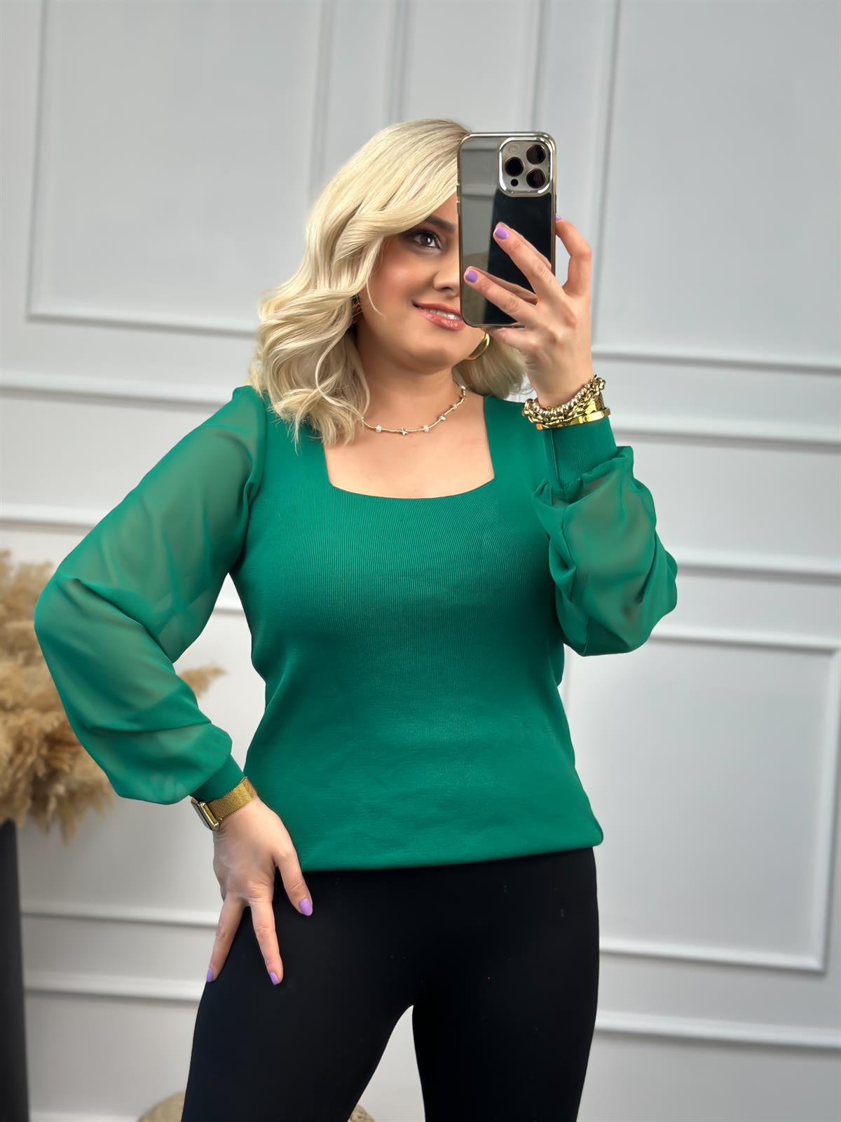 Kare Yaka Kolları Tül Triko YEŞİL