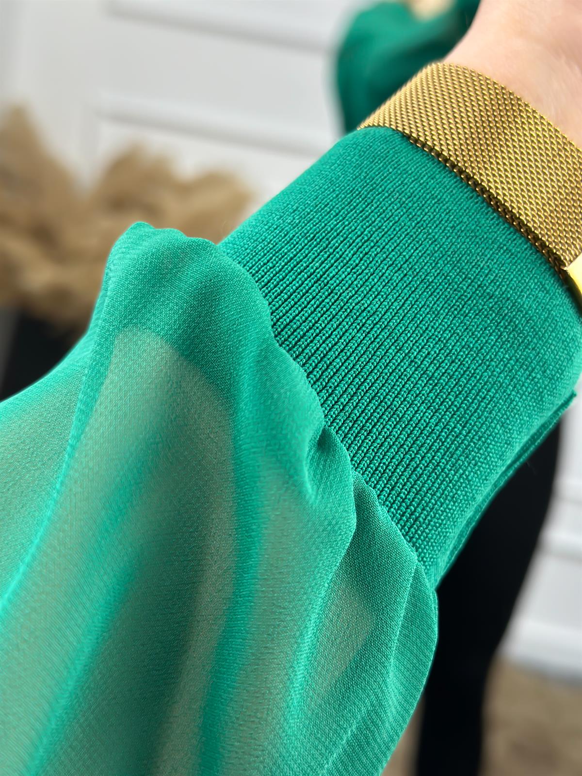 Kare Yaka Kolları Tül Triko YEŞİL