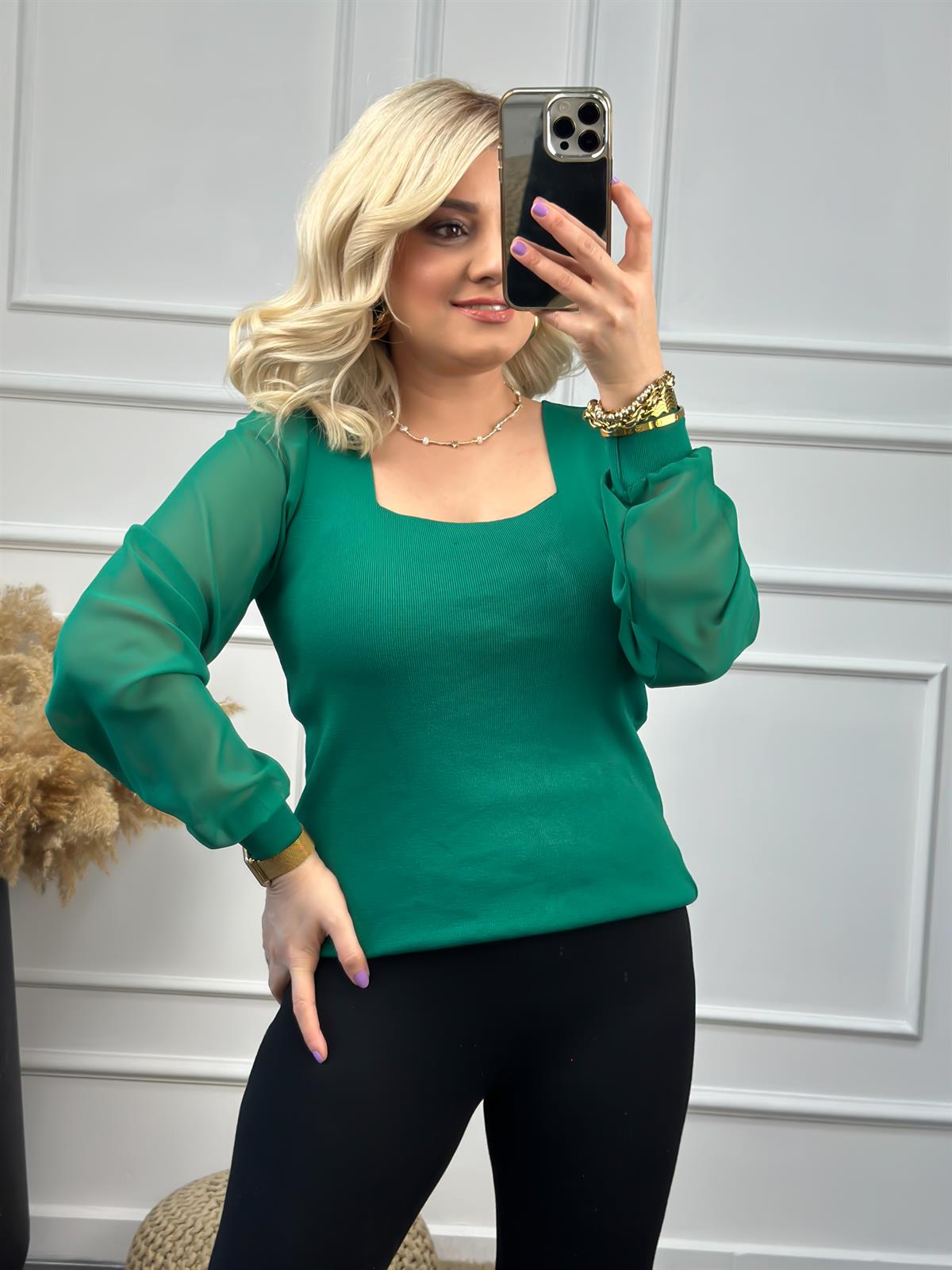 Kare Yaka Kolları Tül Triko YEŞİL