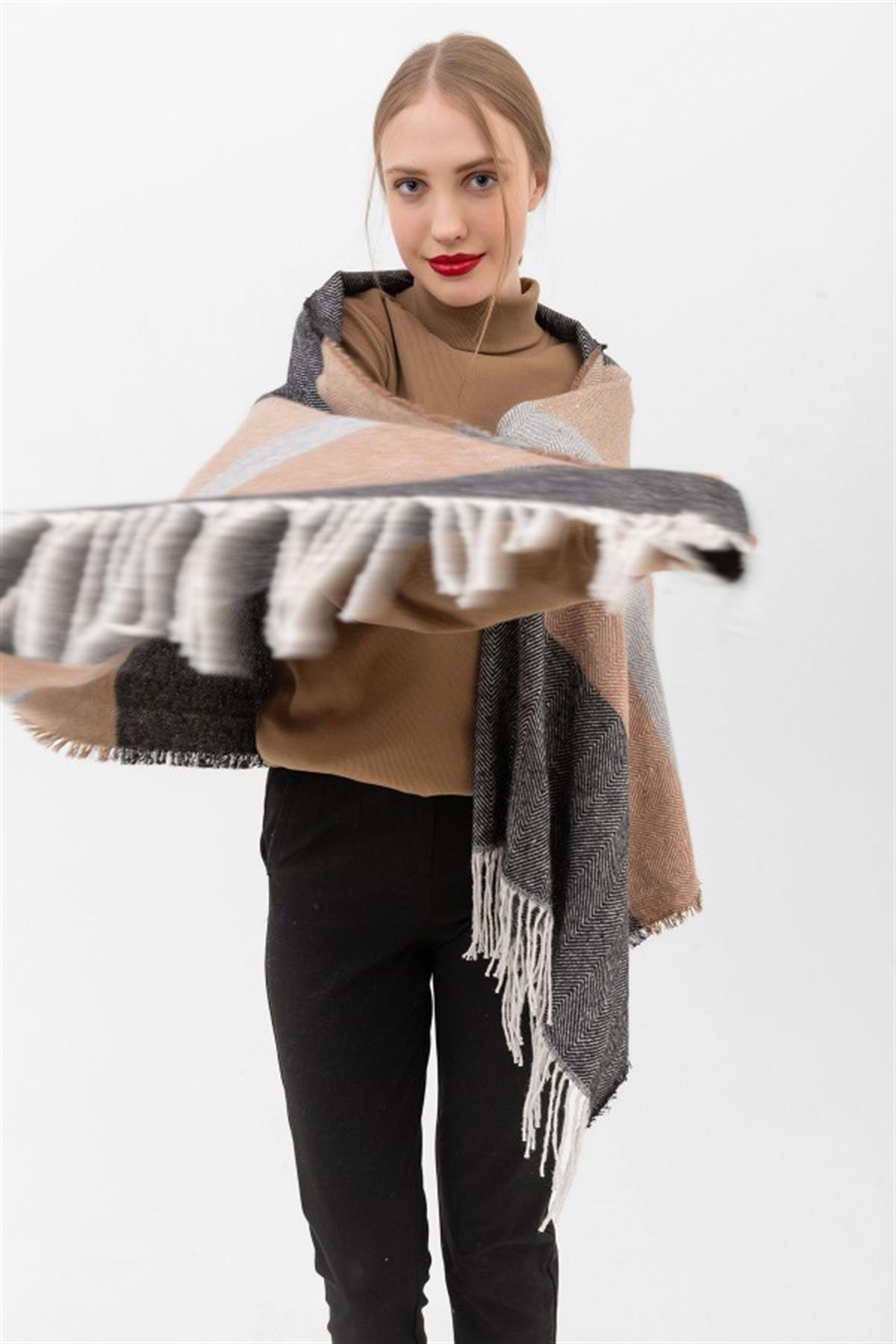 Karma Çizgili  Kalın Omuz Şal Atkı ANTRASİT