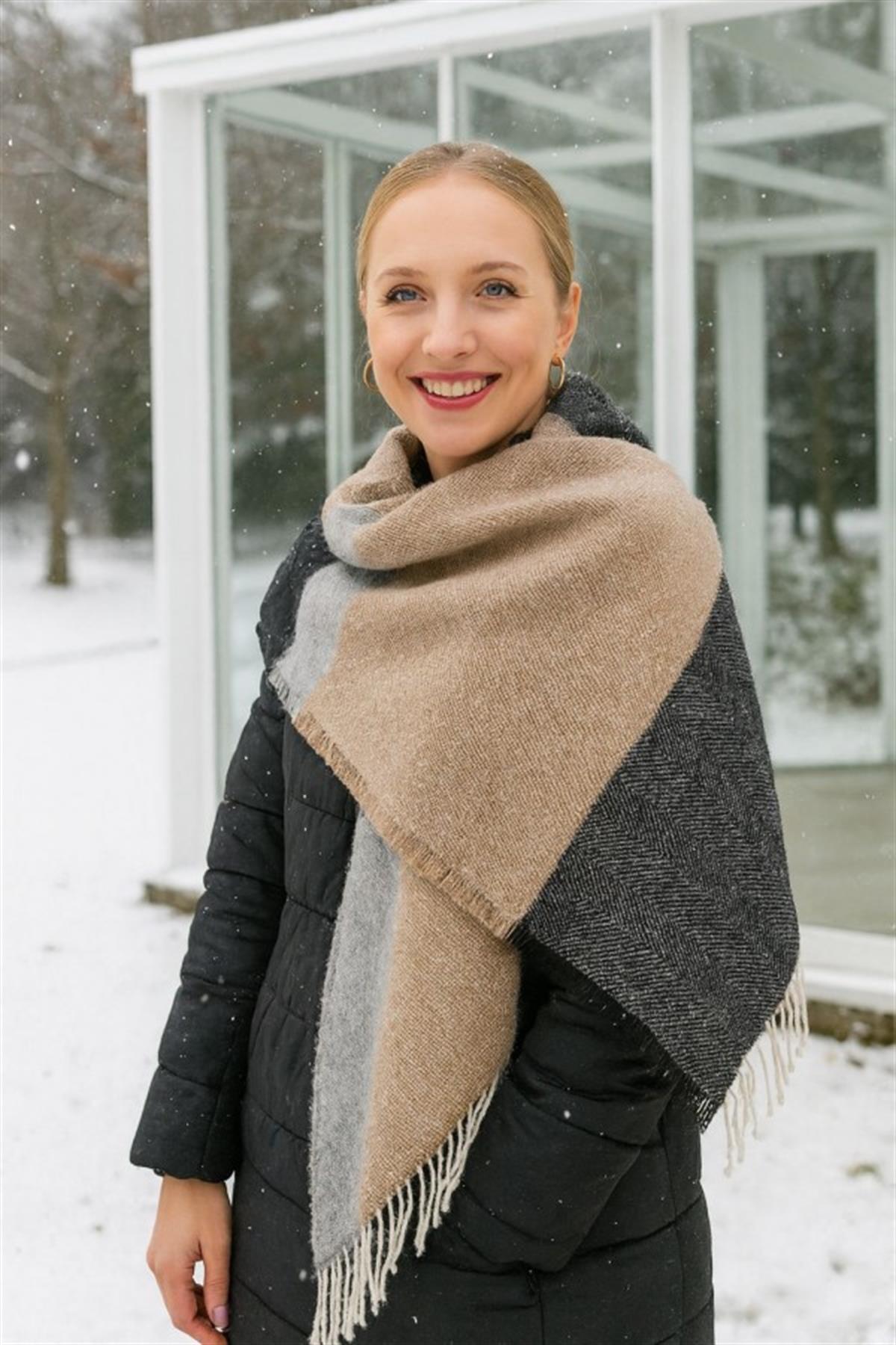 Karma Çizgili  Kalın Omuz Şal Atkı ANTRASİT