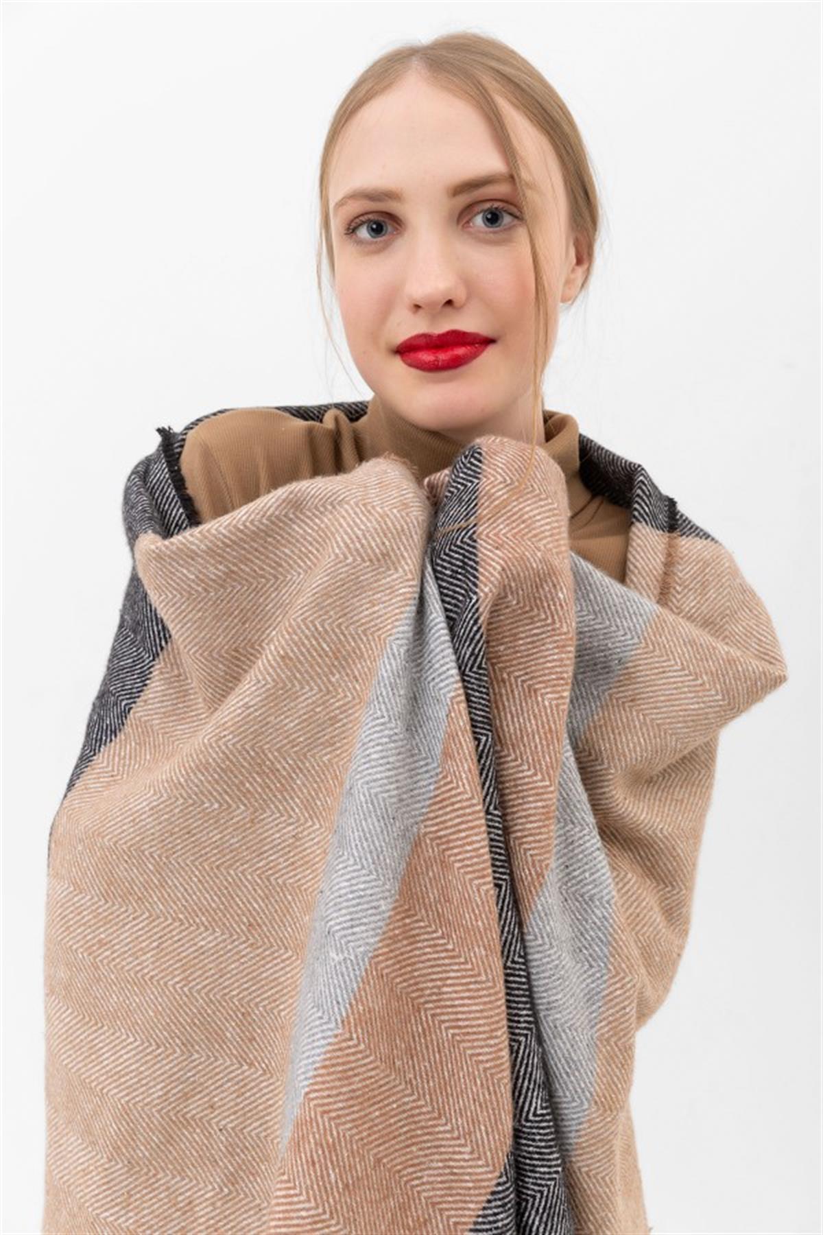 Karma Çizgili  Kalın Omuz Şal Atkı ANTRASİT