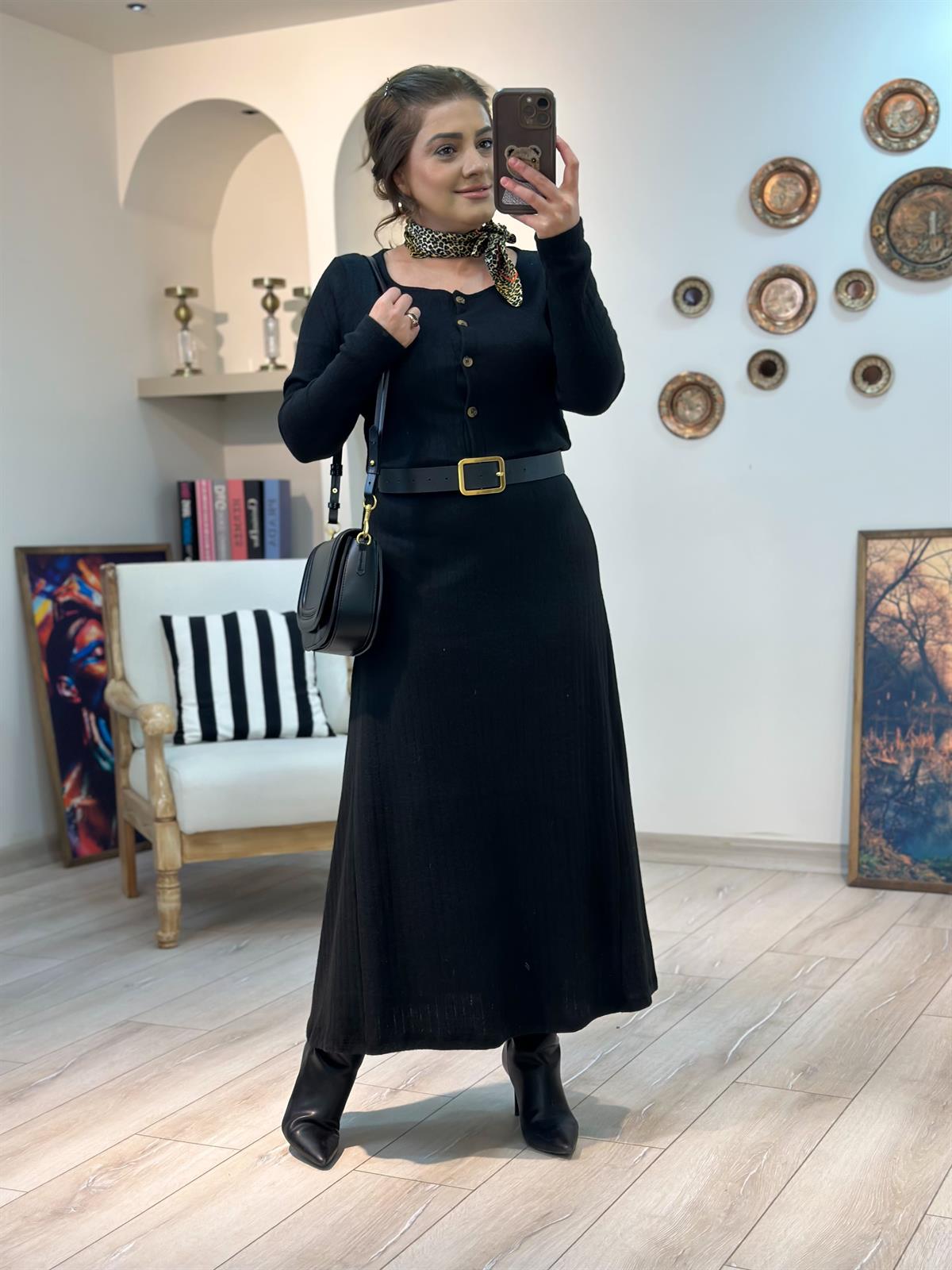Kaşkorse Pamuk Kumaş Etek Bluz Takım SİYAH