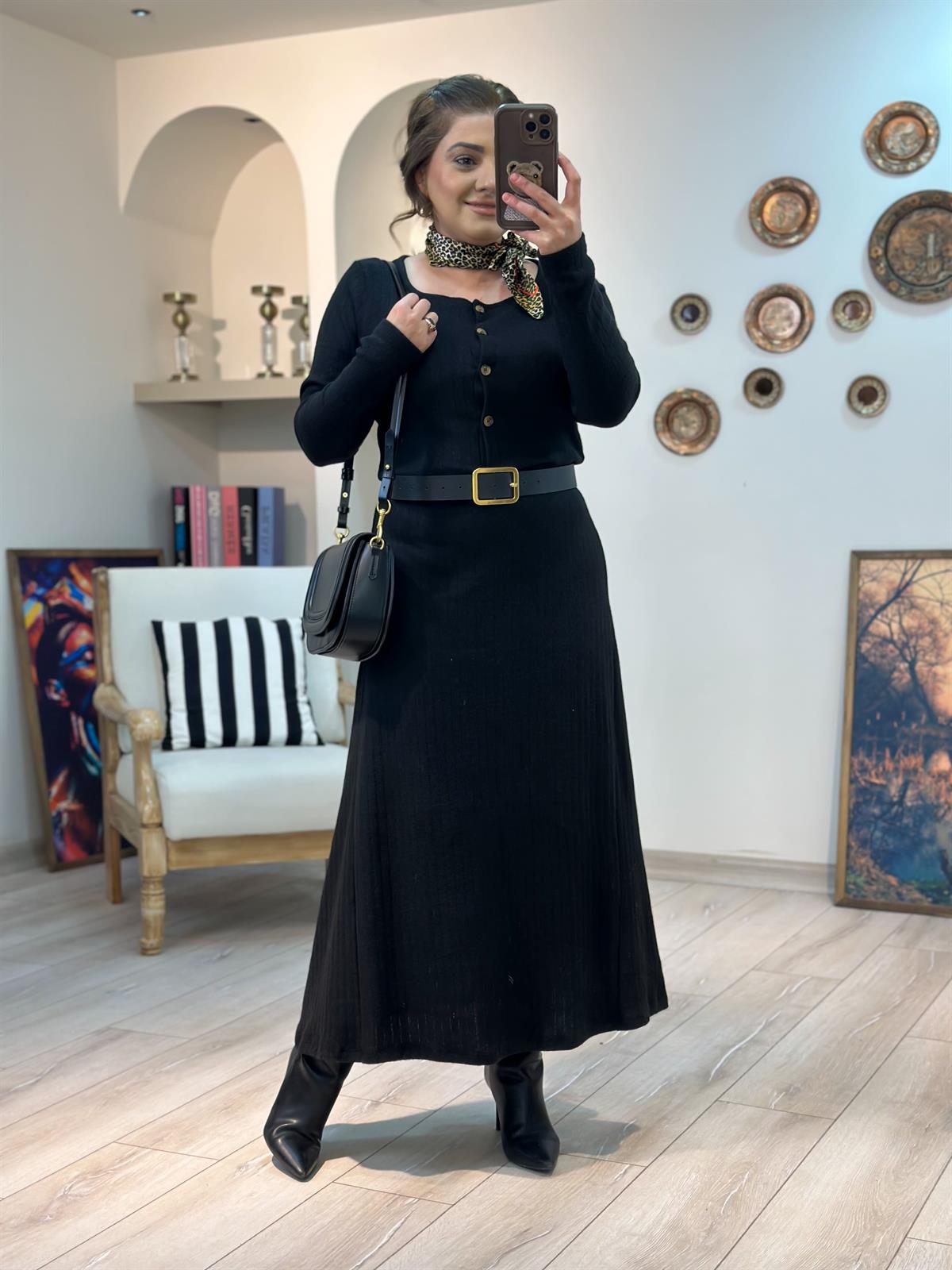 Kaşkorse Pamuk Kumaş Etek Bluz Takım SİYAH