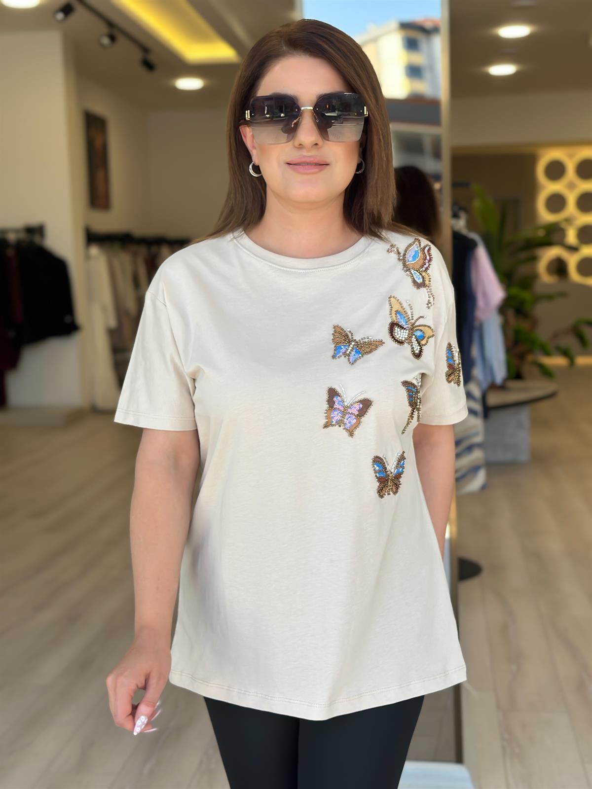 Kelebek Baskı DetaylI Tshirt BEJ
