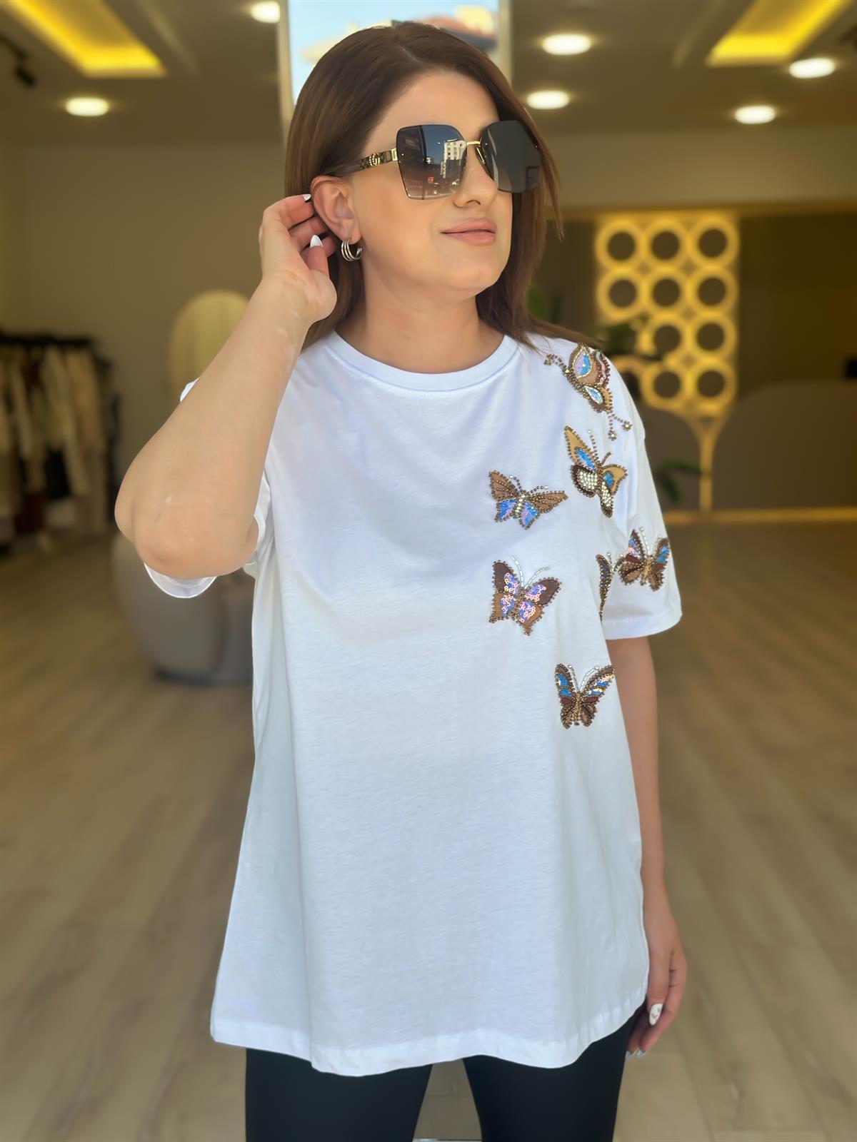 Kelebek Baskı DetaylI Tshirt BEYAZ