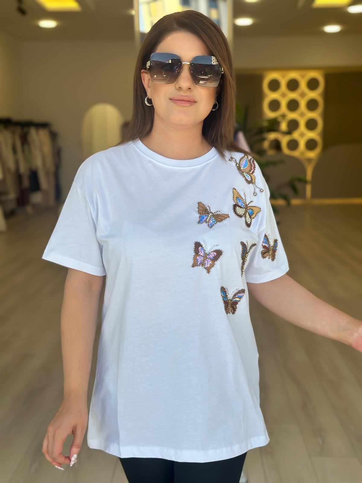 Kelebek Baskı DetaylI Tshirt BEYAZ