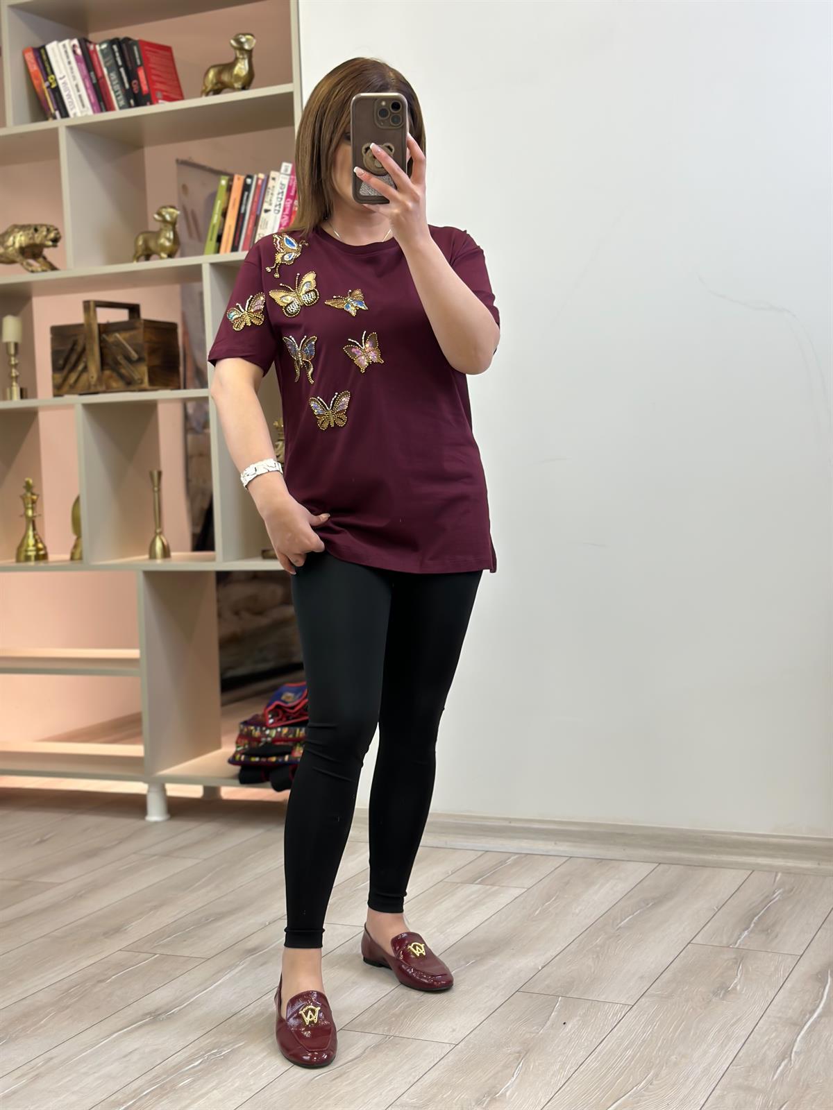 Kelebek Baskı DetaylI Tshirt BORDO