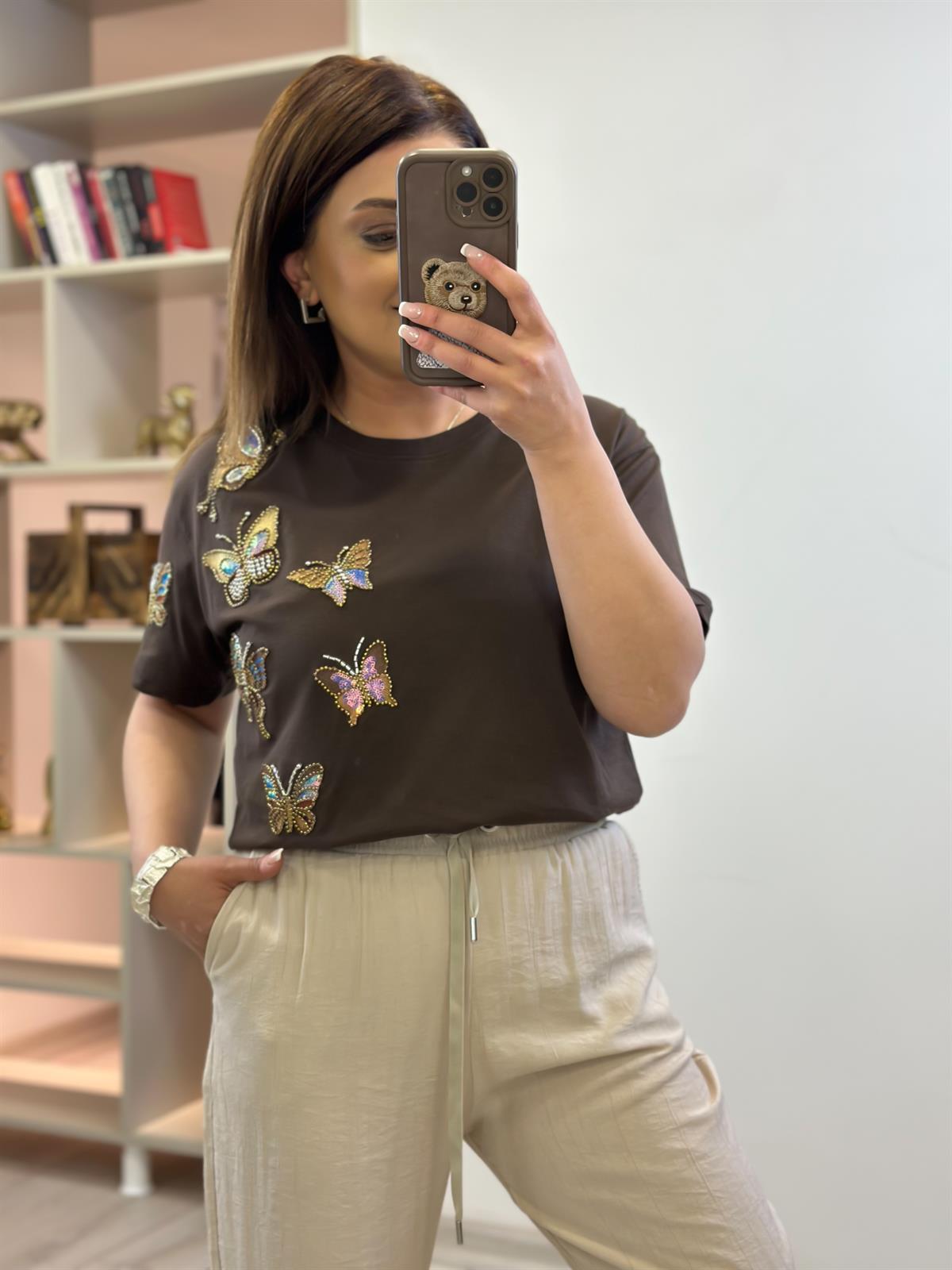 Kelebek Baskı DetaylI Tshirt KAHVE