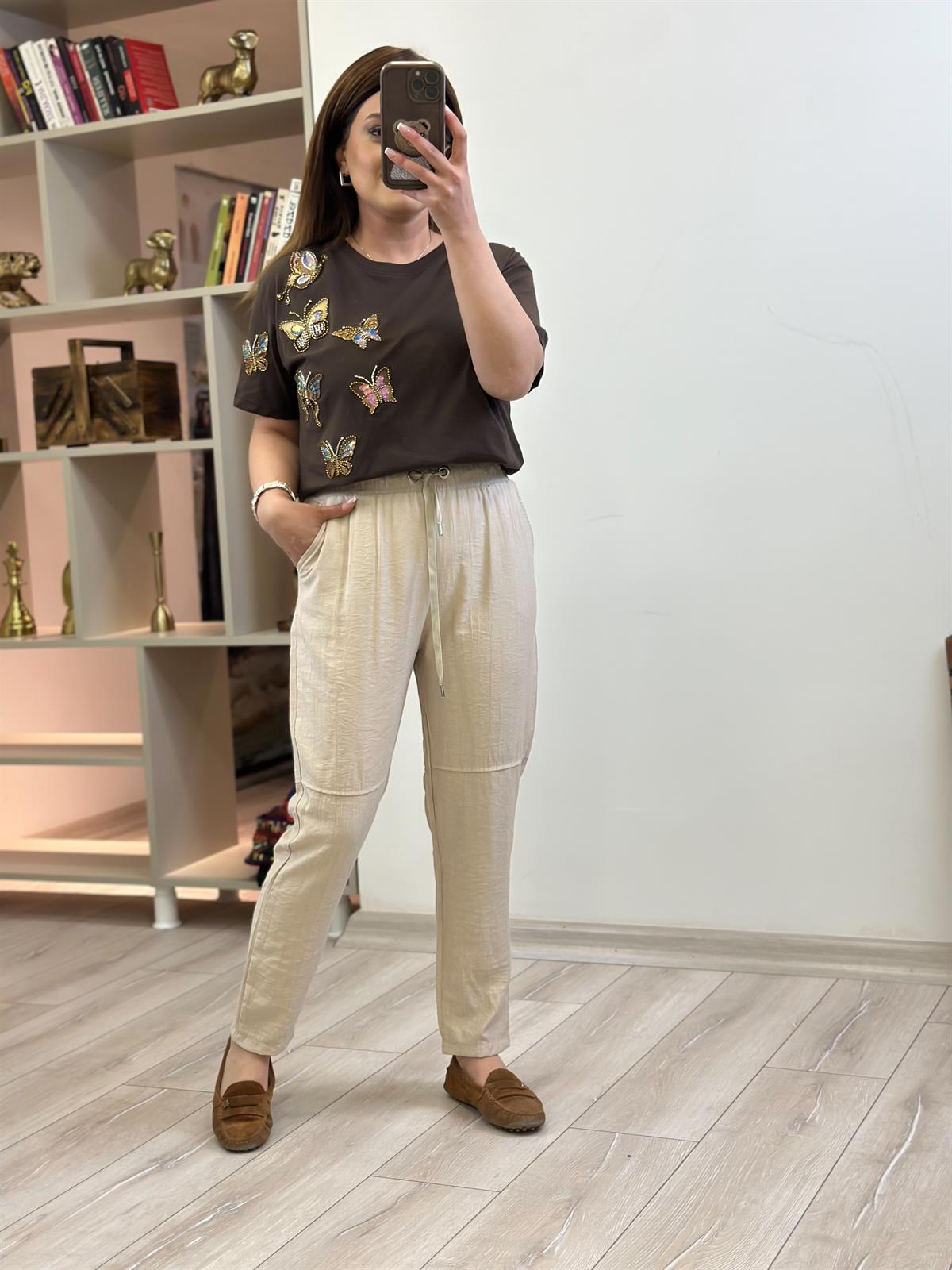 Kelebek Baskı DetaylI Tshirt KAHVE