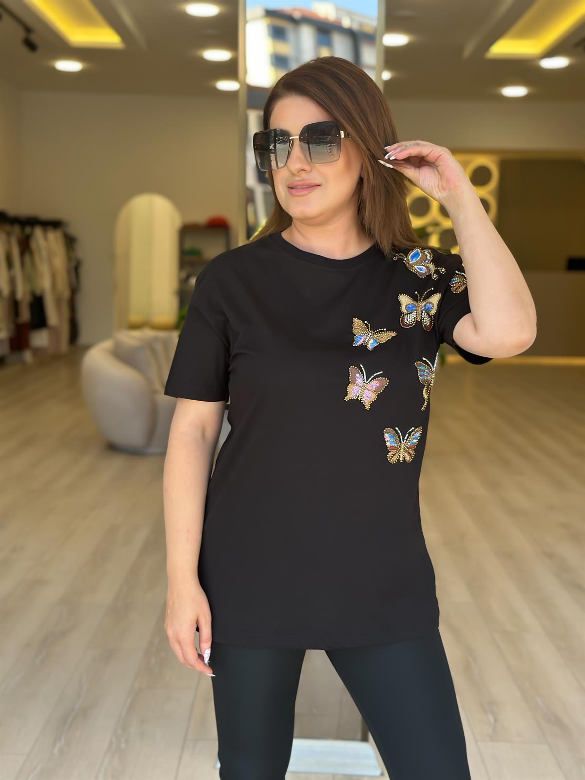Kelebek Baskı DetaylI Tshirt SİYAH