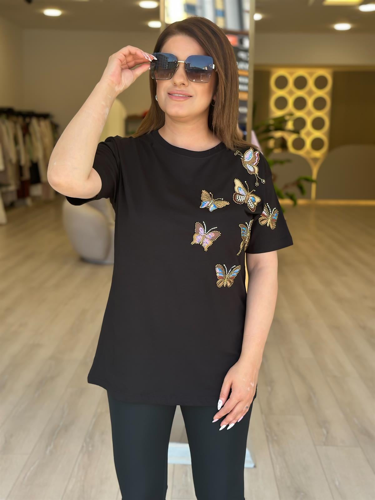 Kelebek Baskı DetaylI Tshirt SİYAH