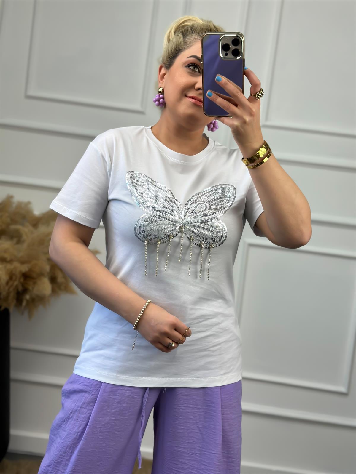 Kelebek Taş Detaylı Tshirt BEYAZ
