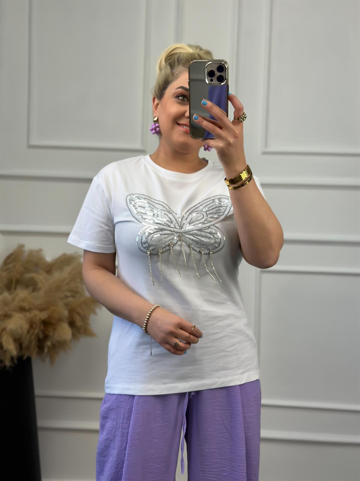 Kelebek Taş Detaylı Tshirt BEYAZ