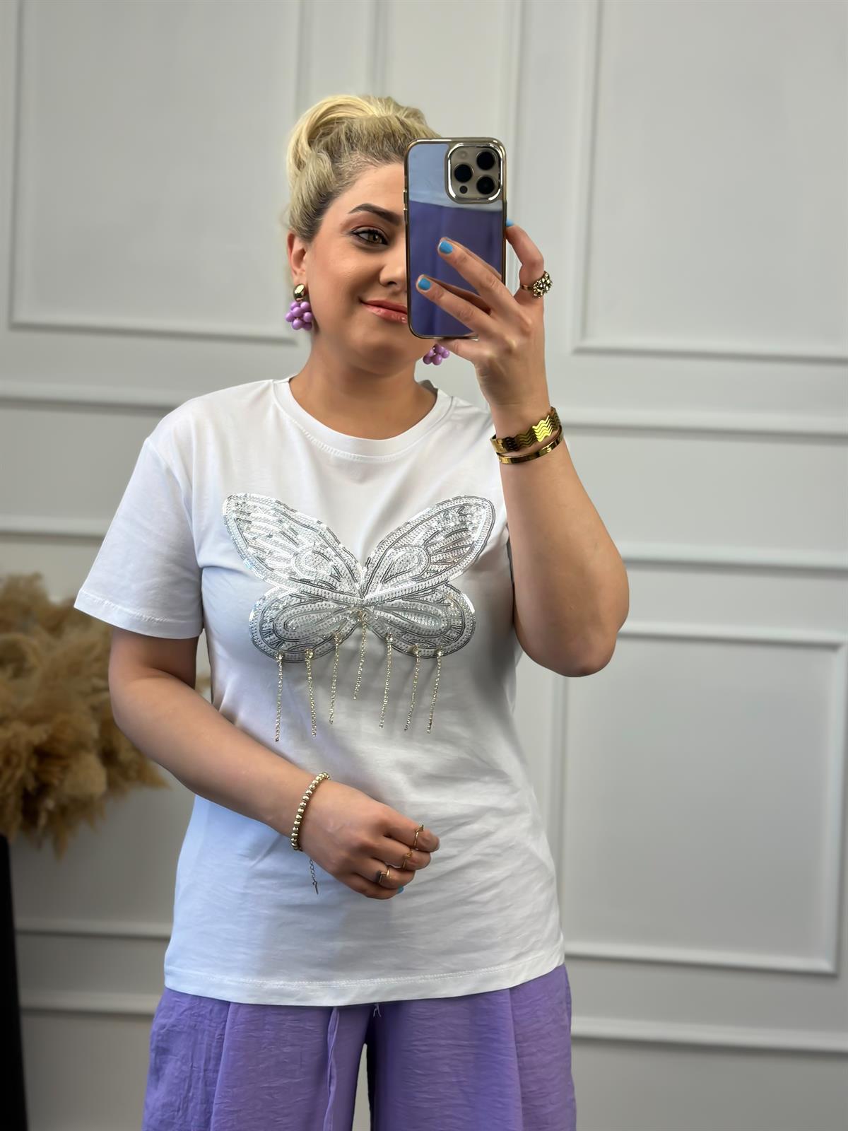 Kelebek Taş Detaylı Tshirt BEYAZ