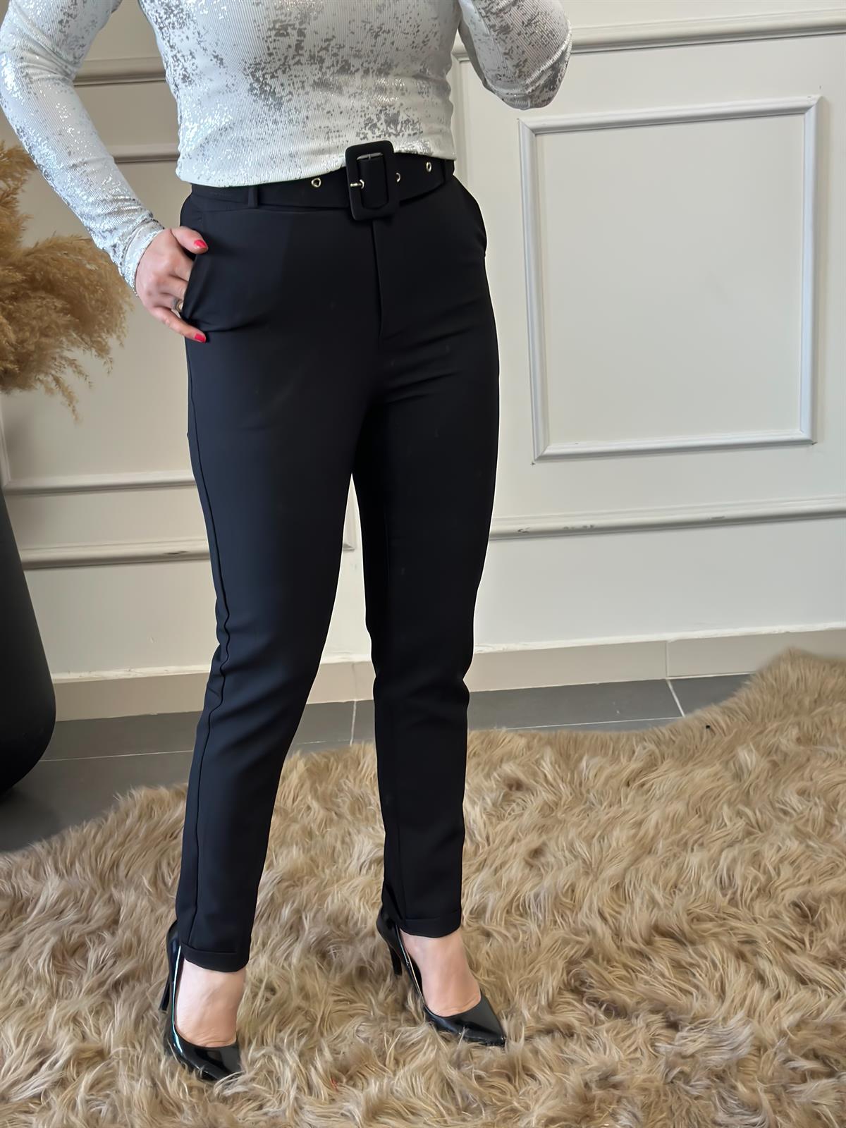 Kemerli Double Paça Yüksek Bel Pantolon SİYAH