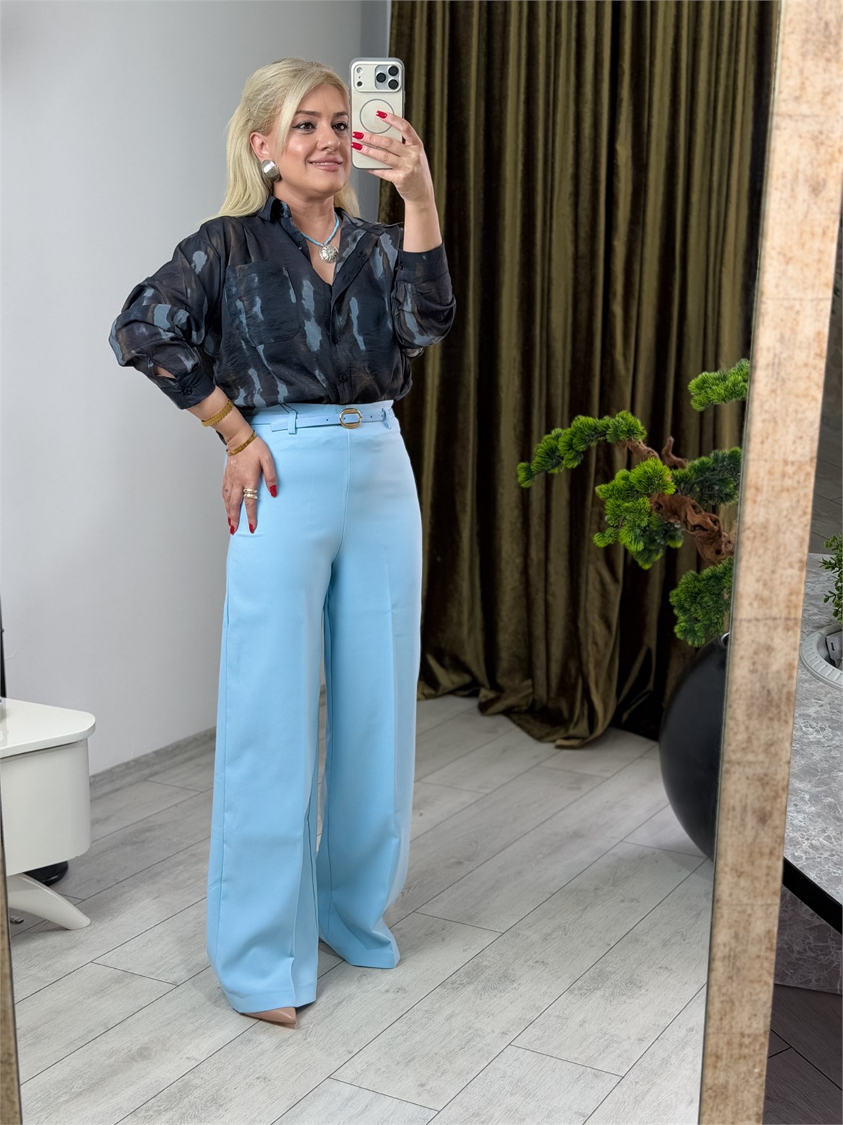 Kemerli Fermuarlı Kumaş Pantolon BEBE MAVİ