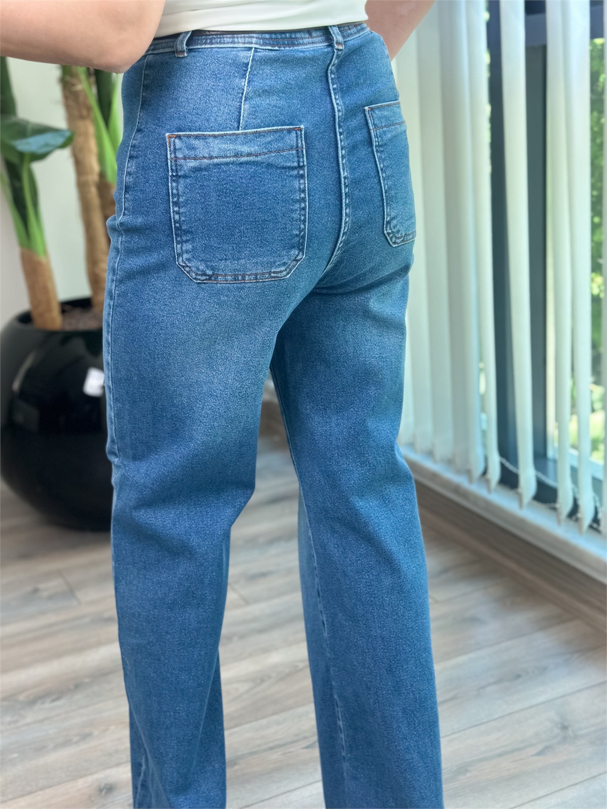 Kemerli Geniş Paça Kot Pantolon MAVİ