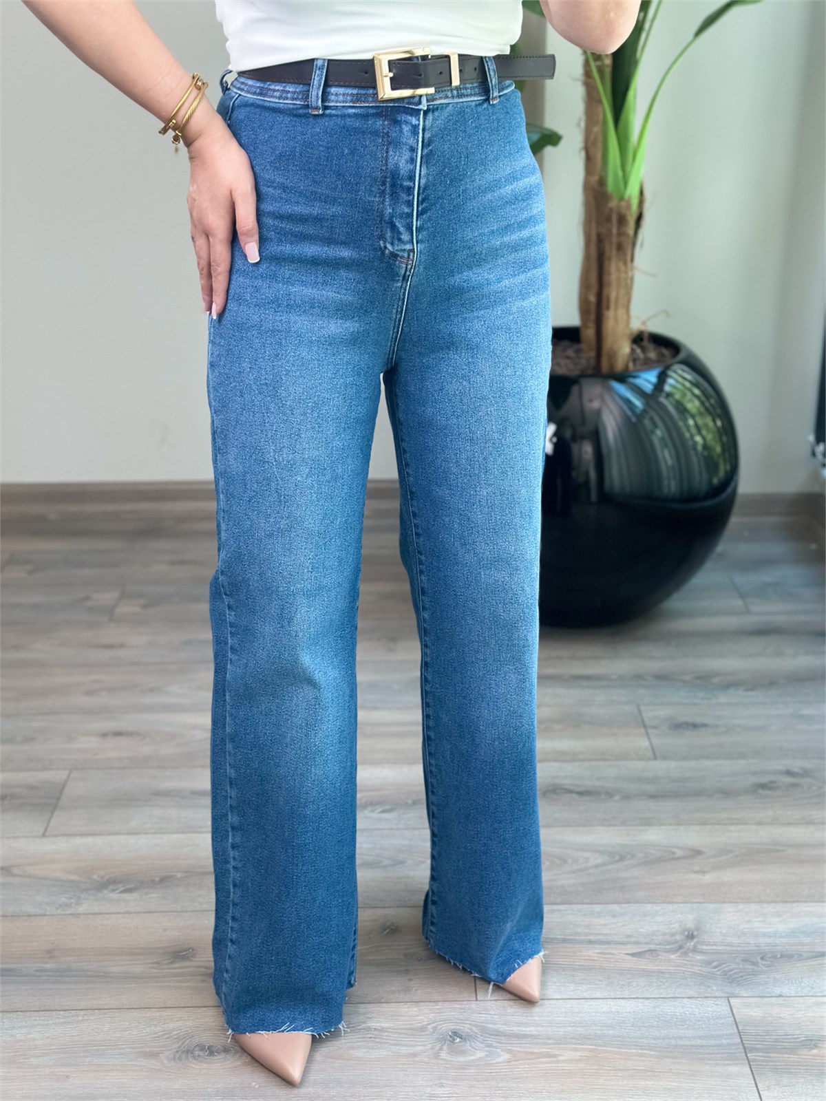 Kemerli Geniş Paça Kot Pantolon MAVİ