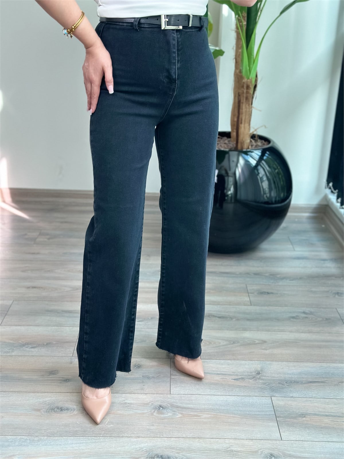 Kemerli Geniş Paça Kot Pantolon SİYAH