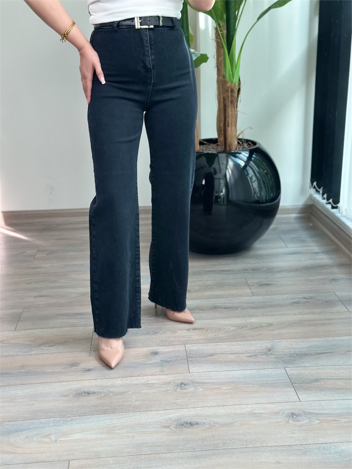 Kemerli Geniş Paça Kot Pantolon SİYAH