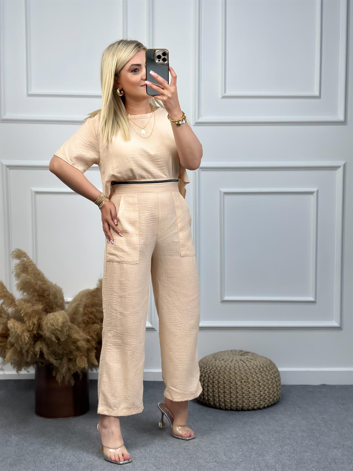 Keten Fermuar Detaylı Tulum BEJ