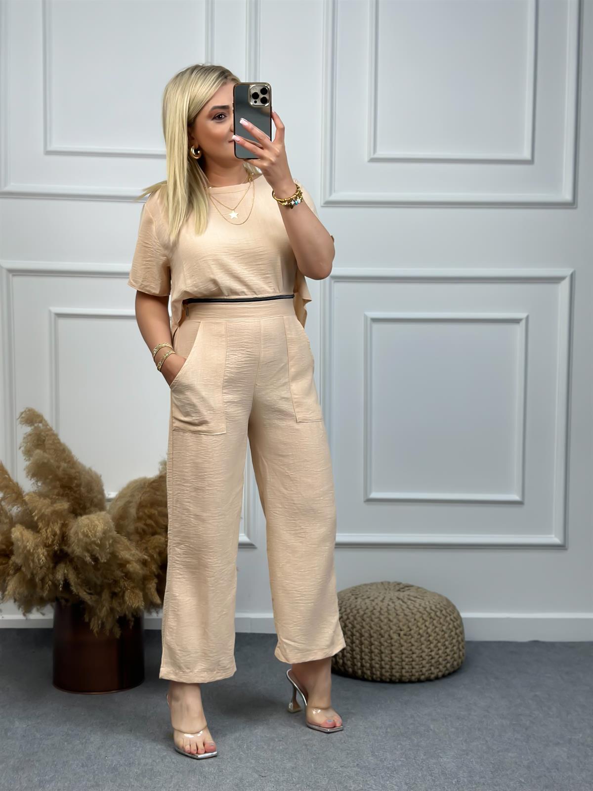 Keten Fermuar Detaylı Tulum BEJ