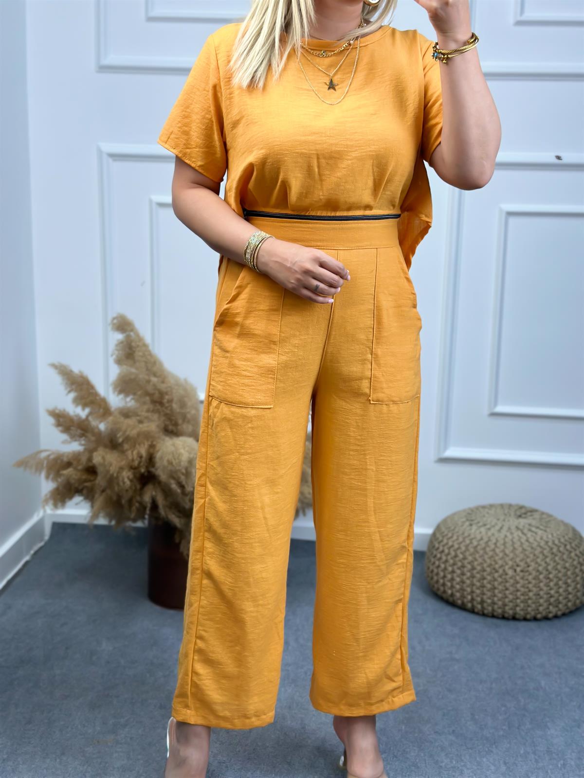 Keten Fermuar Detaylı Tulum TURUNCU