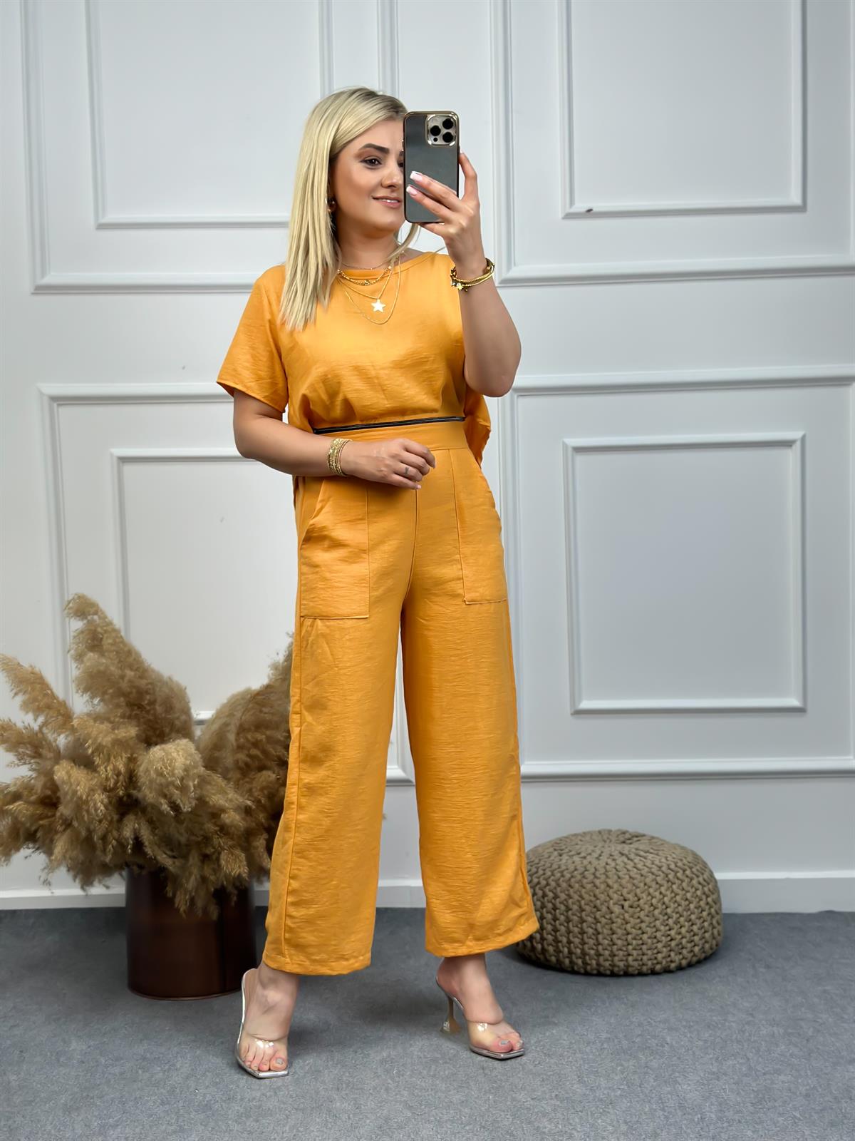 Keten Fermuar Detaylı Tulum TURUNCU