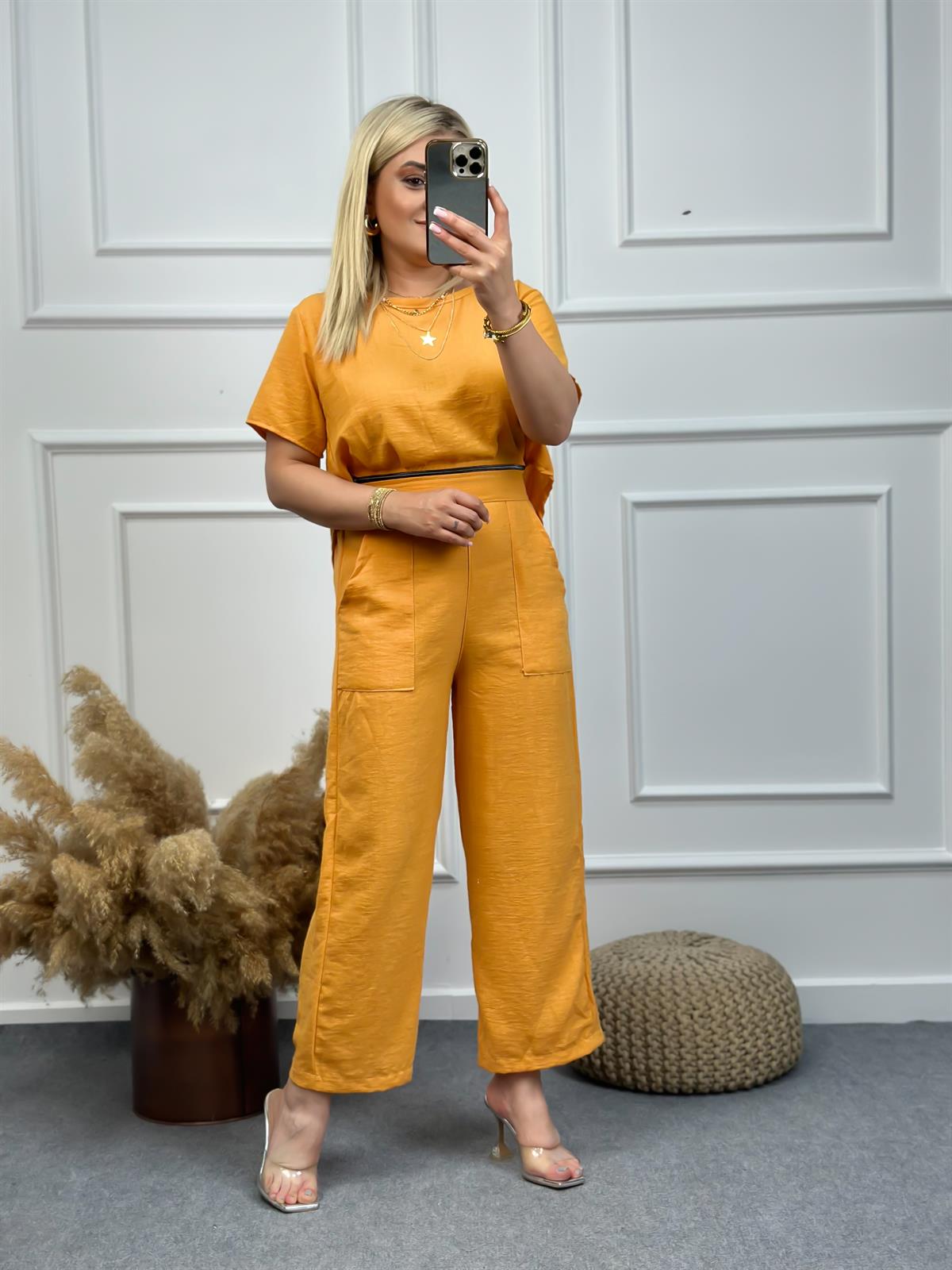 Keten Fermuar Detaylı Tulum TURUNCU