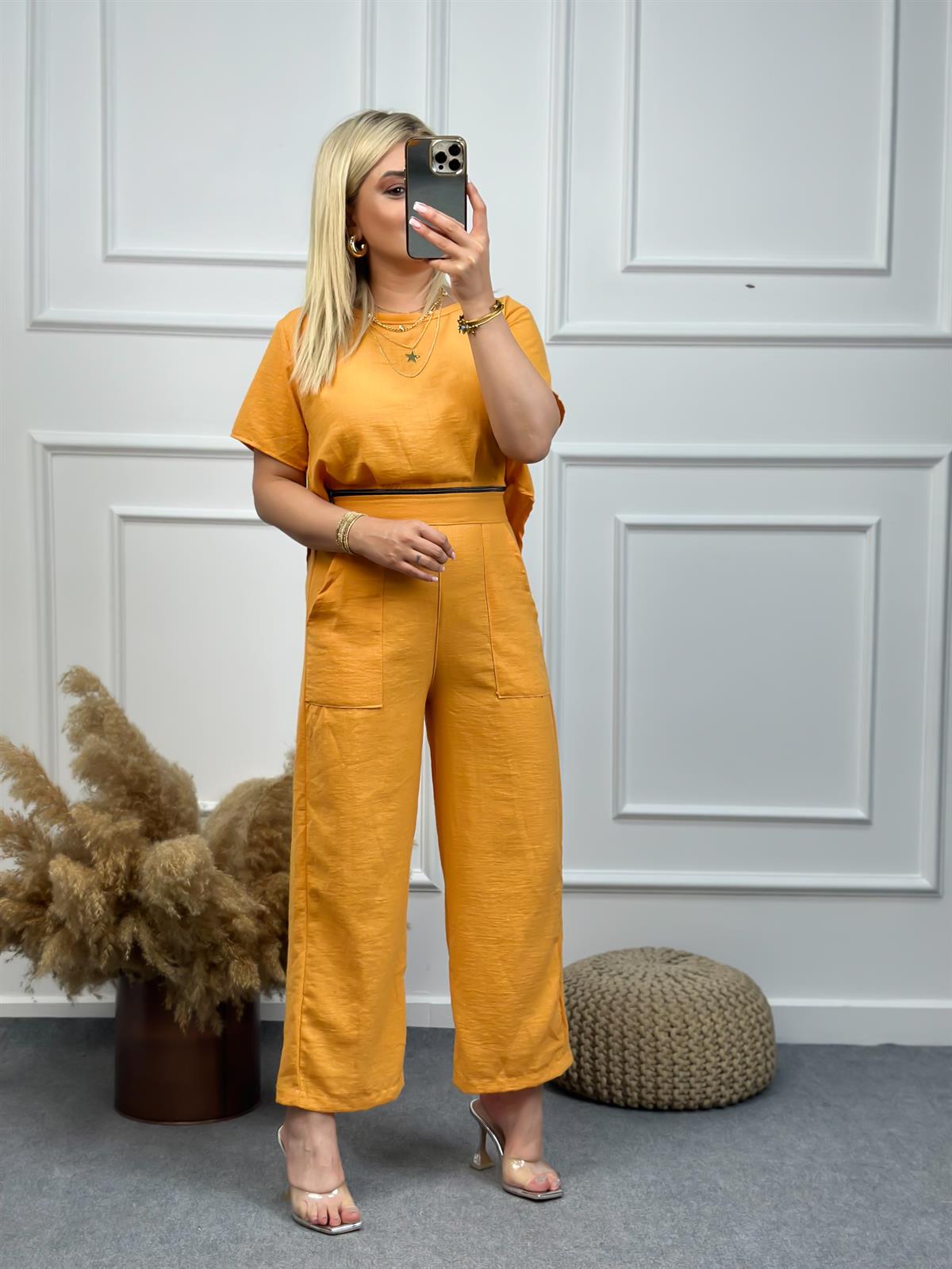 Keten Fermuar Detaylı Tulum TURUNCU