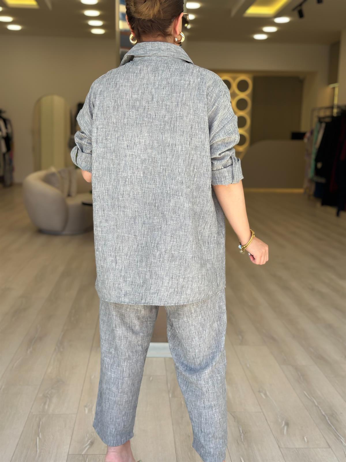 Keten Gömlek Pantolon Takım GRİ