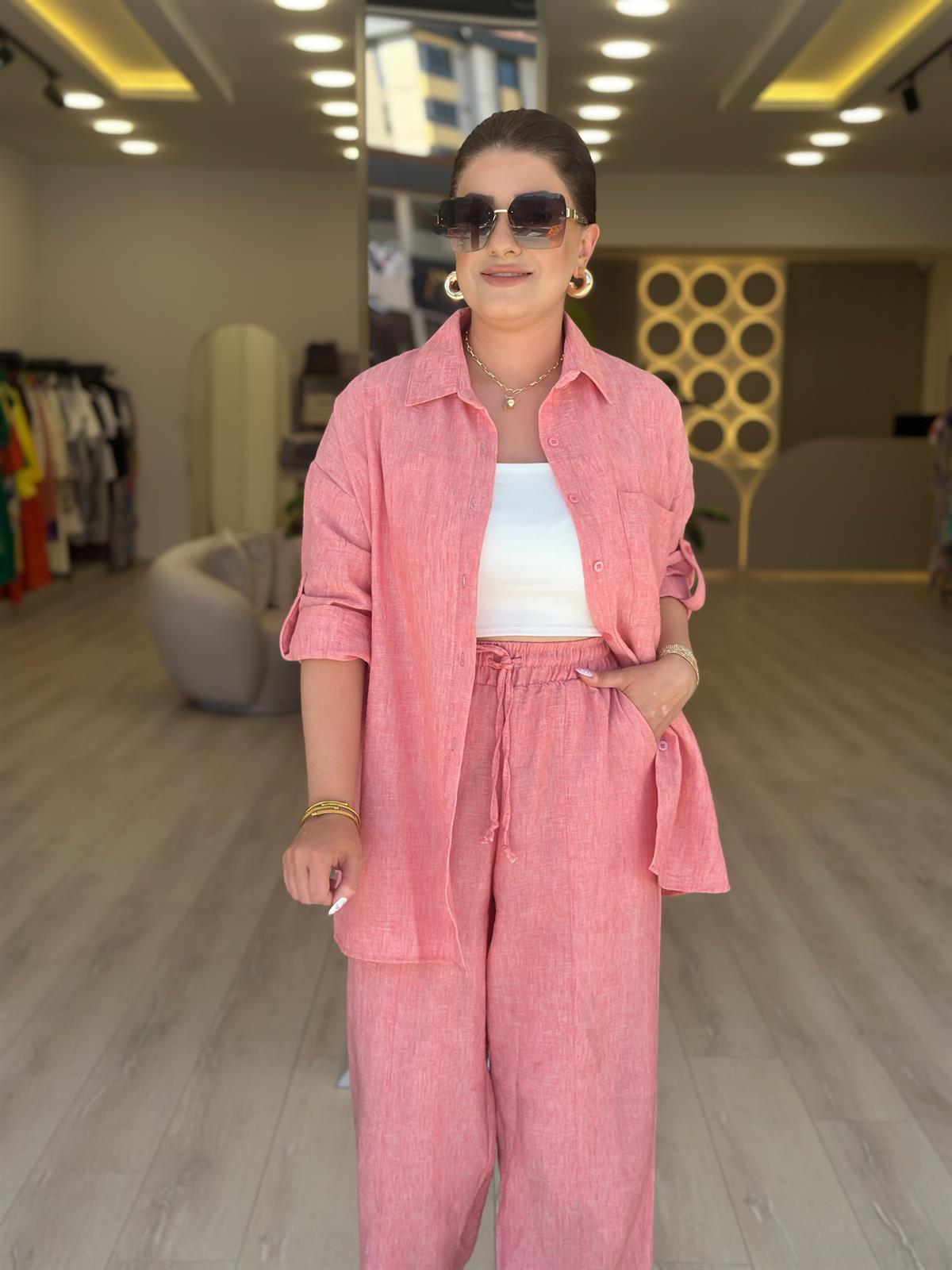 Keten Gömlek Pantolon Takım PEMBE