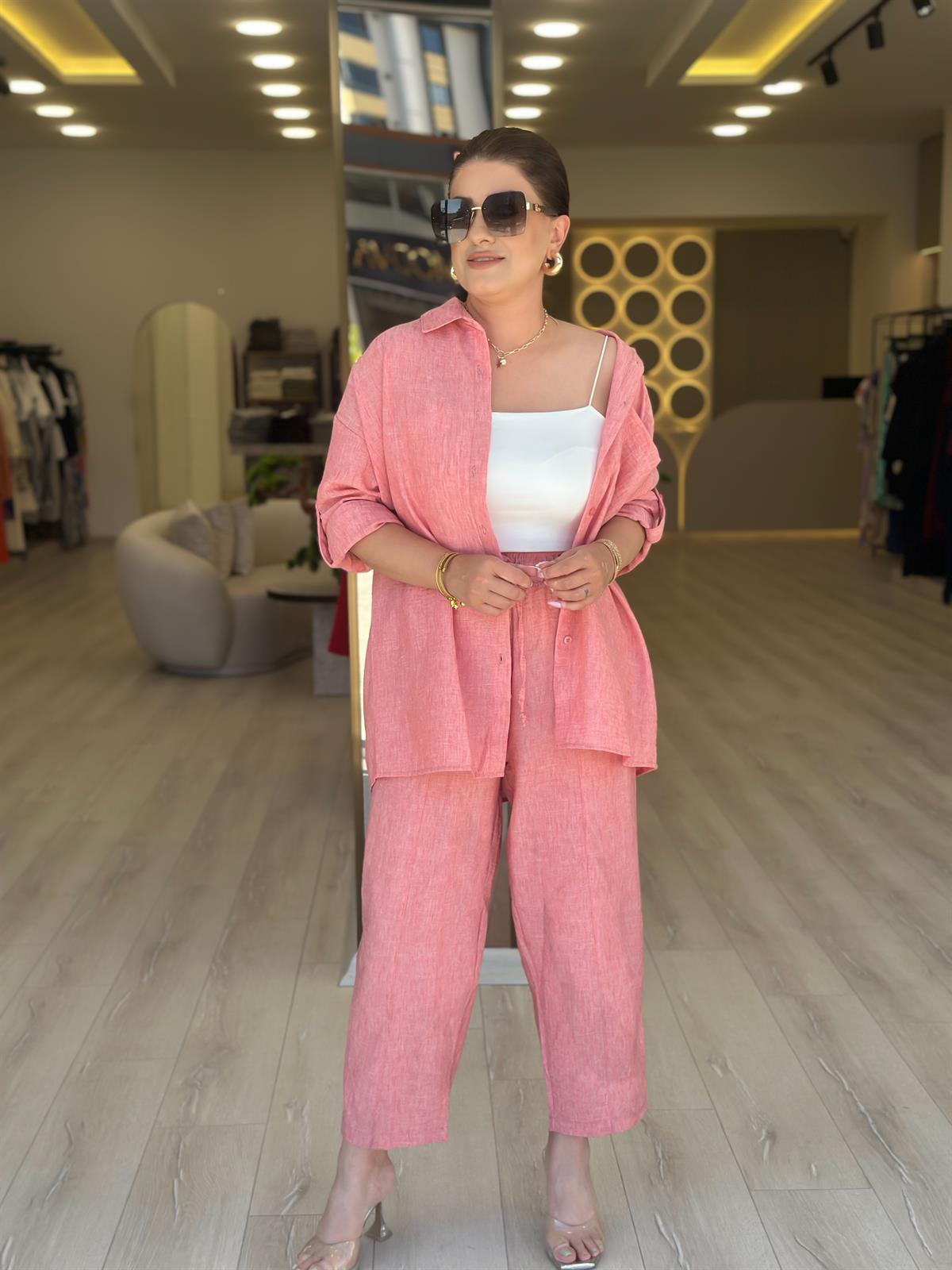 Keten Gömlek Pantolon Takım PEMBE
