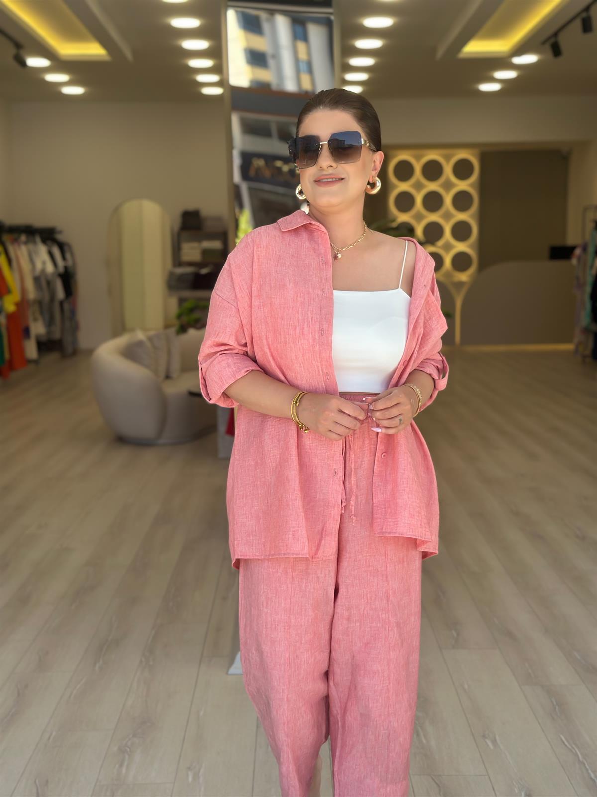 Keten Gömlek Pantolon Takım PEMBE