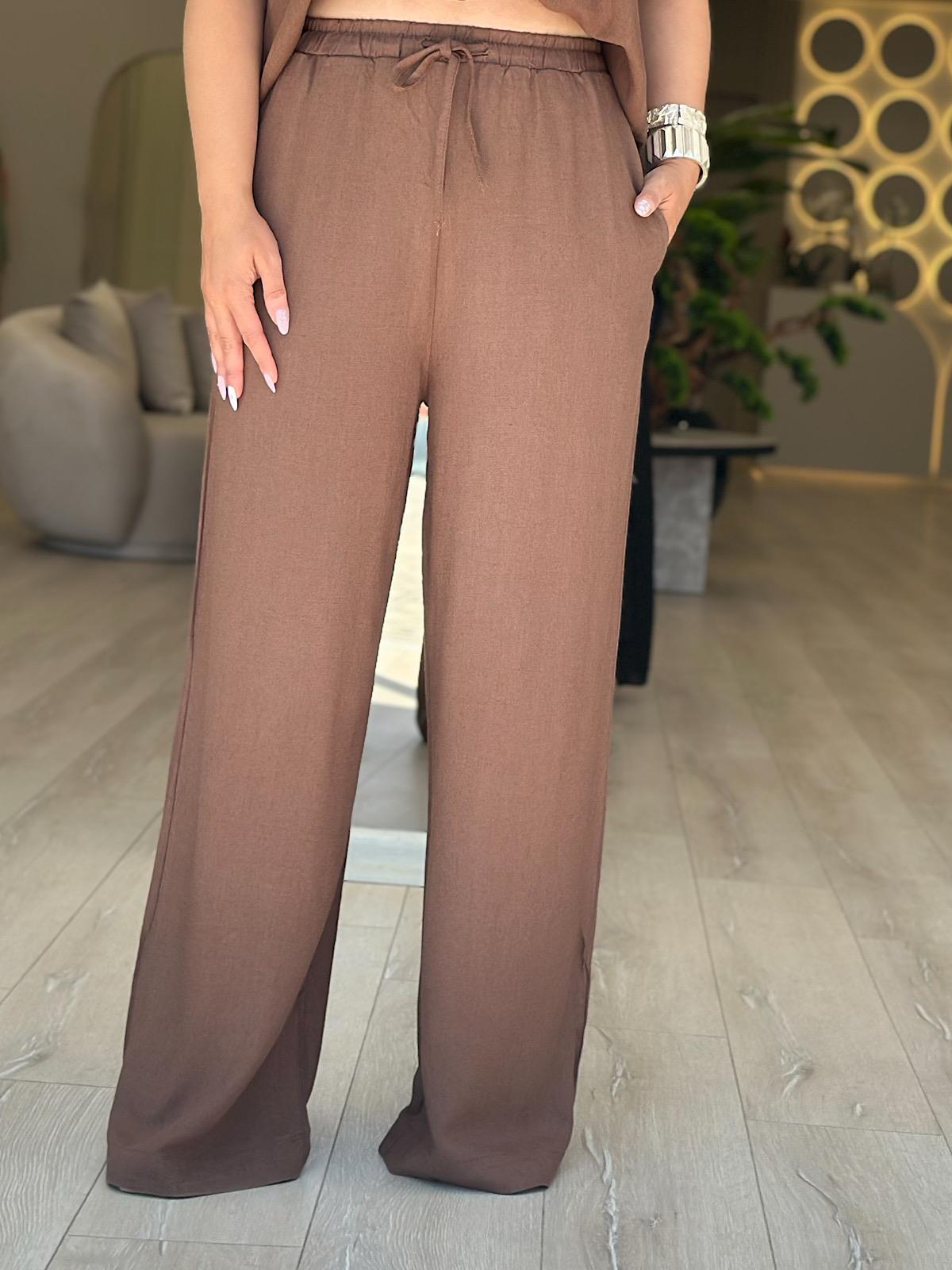 Keten V Yaka Bluz Pantolon Takım KAHVE